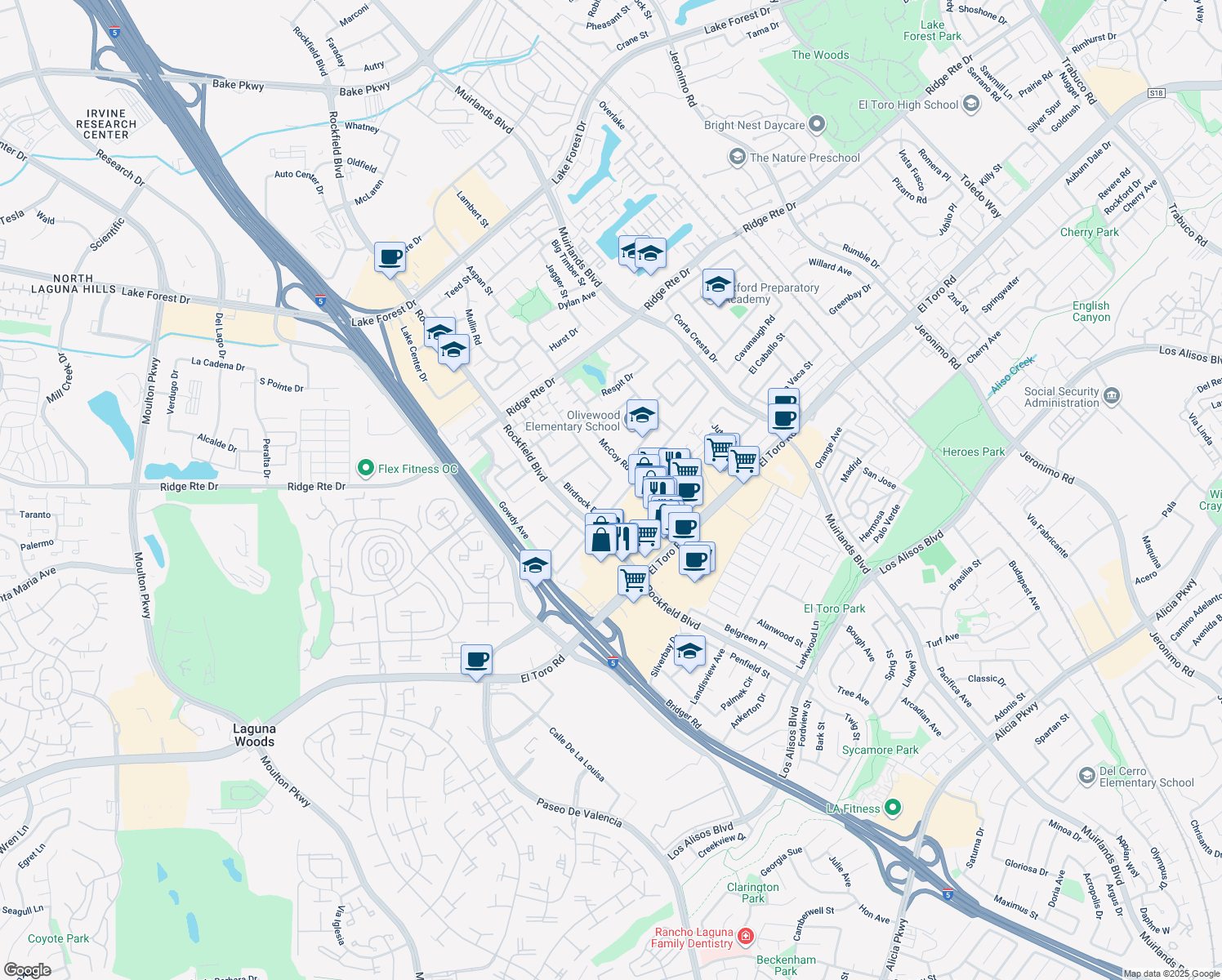 map of restaurants, bars, coffee shops, grocery stores, and more near 23512 Dune Mear Rd in Lake Forest