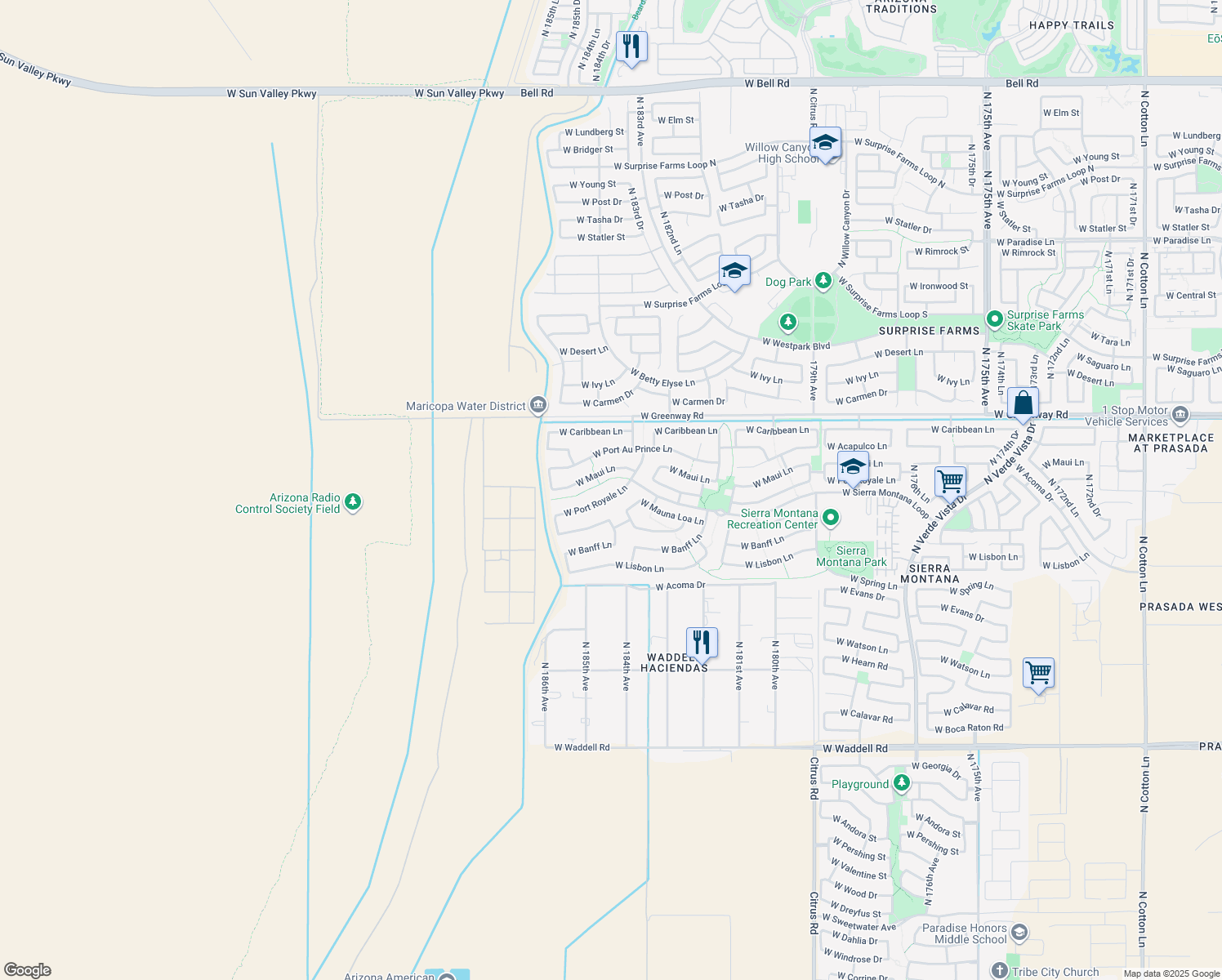 map of restaurants, bars, coffee shops, grocery stores, and more near 18376 West Port Royale Lane in Surprise