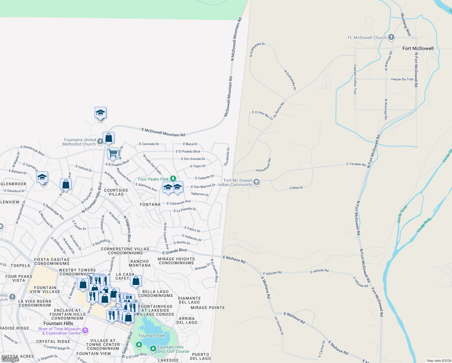 map of restaurants, bars, coffee shops, grocery stores, and more near 17509 East Yamu Kiva Circle in Fountain Hills