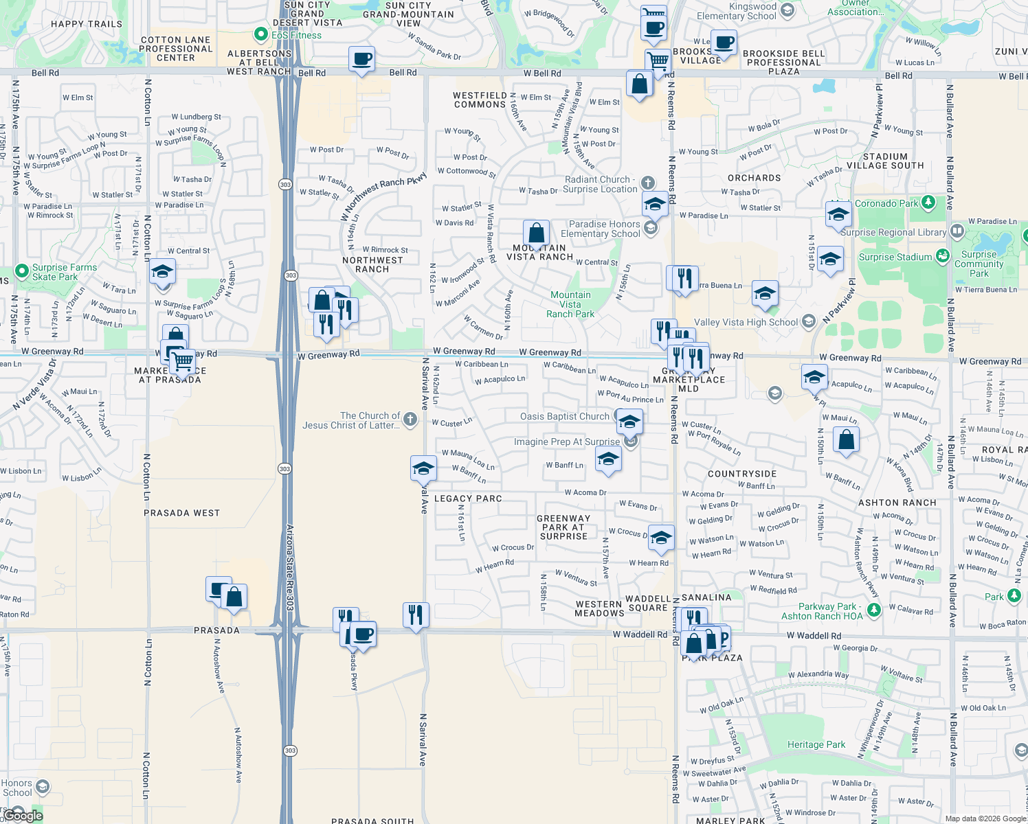 map of restaurants, bars, coffee shops, grocery stores, and more near 15935 West Maui Lane in Surprise