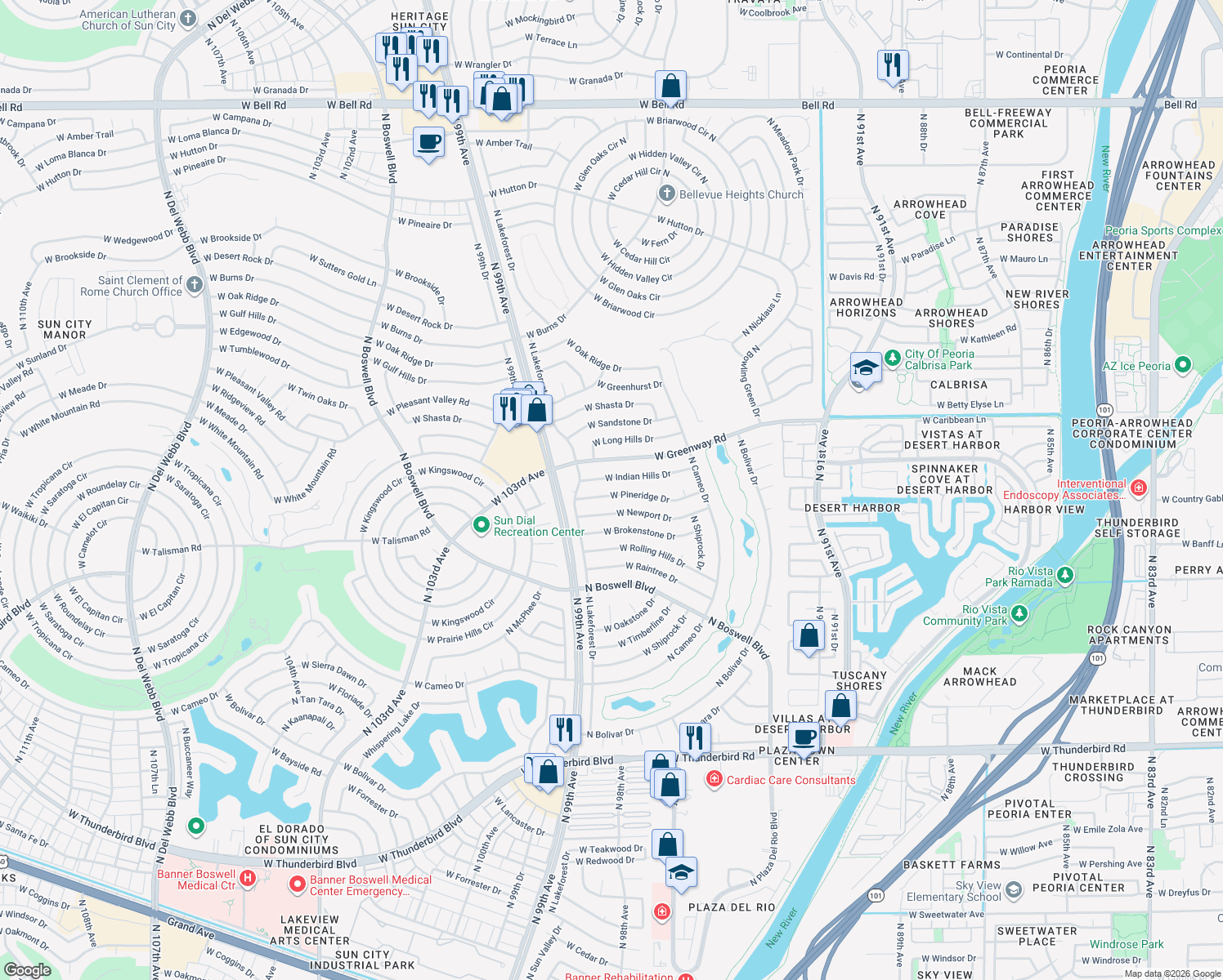 map of restaurants, bars, coffee shops, grocery stores, and more near 9620 West Pineridge Drive in Sun City