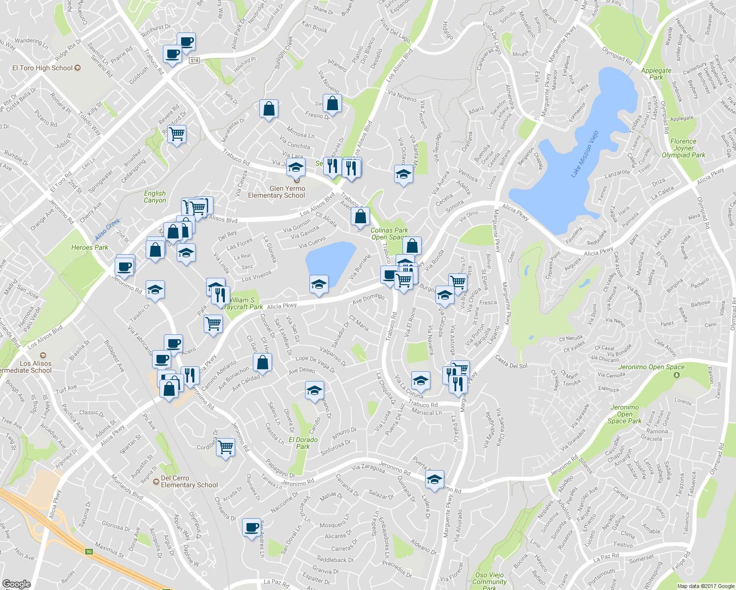 map of restaurants, bars, coffee shops, grocery stores, and more near 26831 Avenue Domingo in Mission Viejo