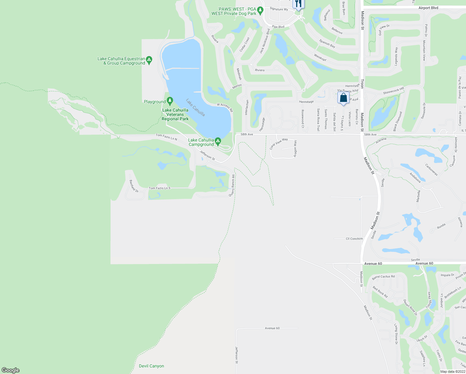 map of restaurants, bars, coffee shops, grocery stores, and more near 58765 Quarry Ranch Road in La Quinta