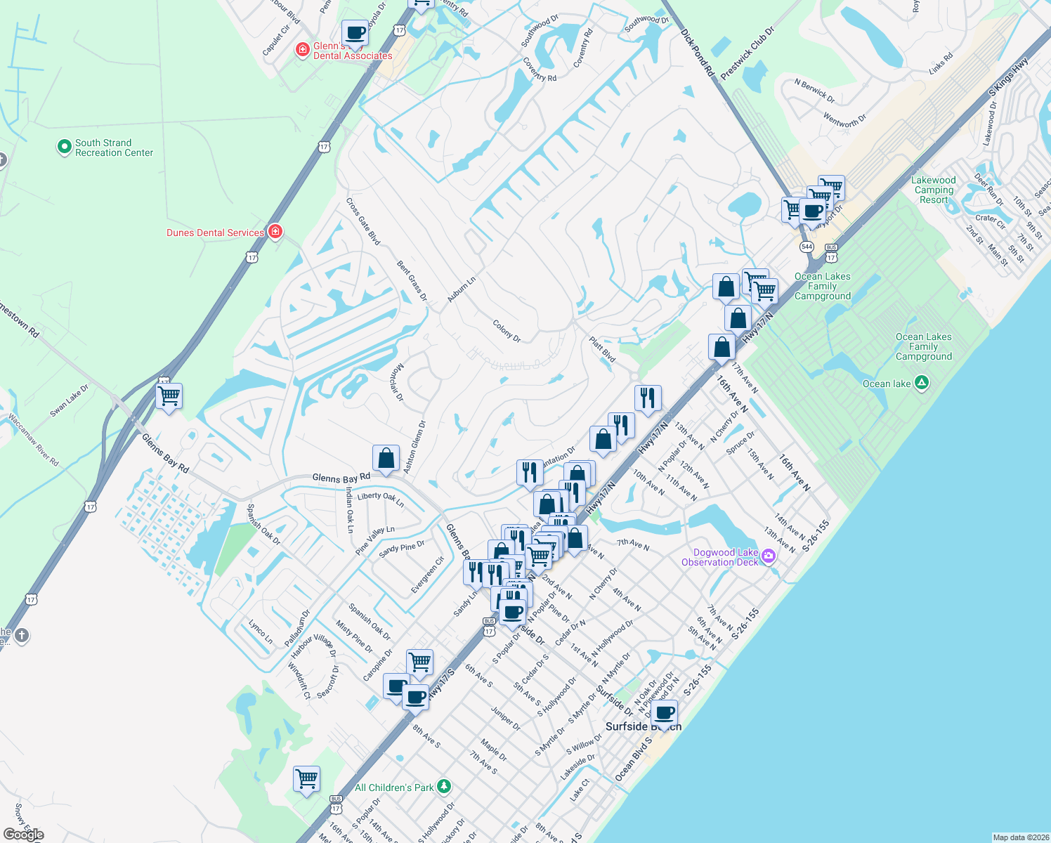 map of restaurants, bars, coffee shops, grocery stores, and more near 552 Circle Drive in Myrtle Beach