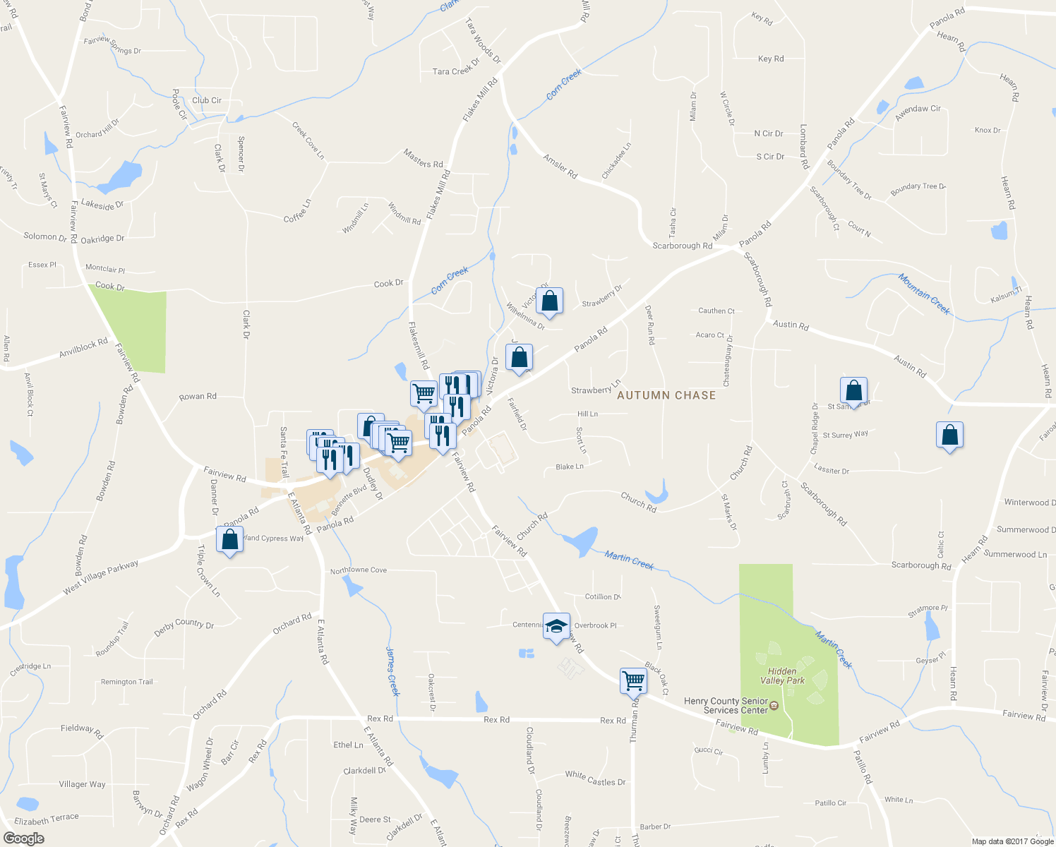 map of restaurants, bars, coffee shops, grocery stores, and more near 45 Fairfield Drive in Ellenwood