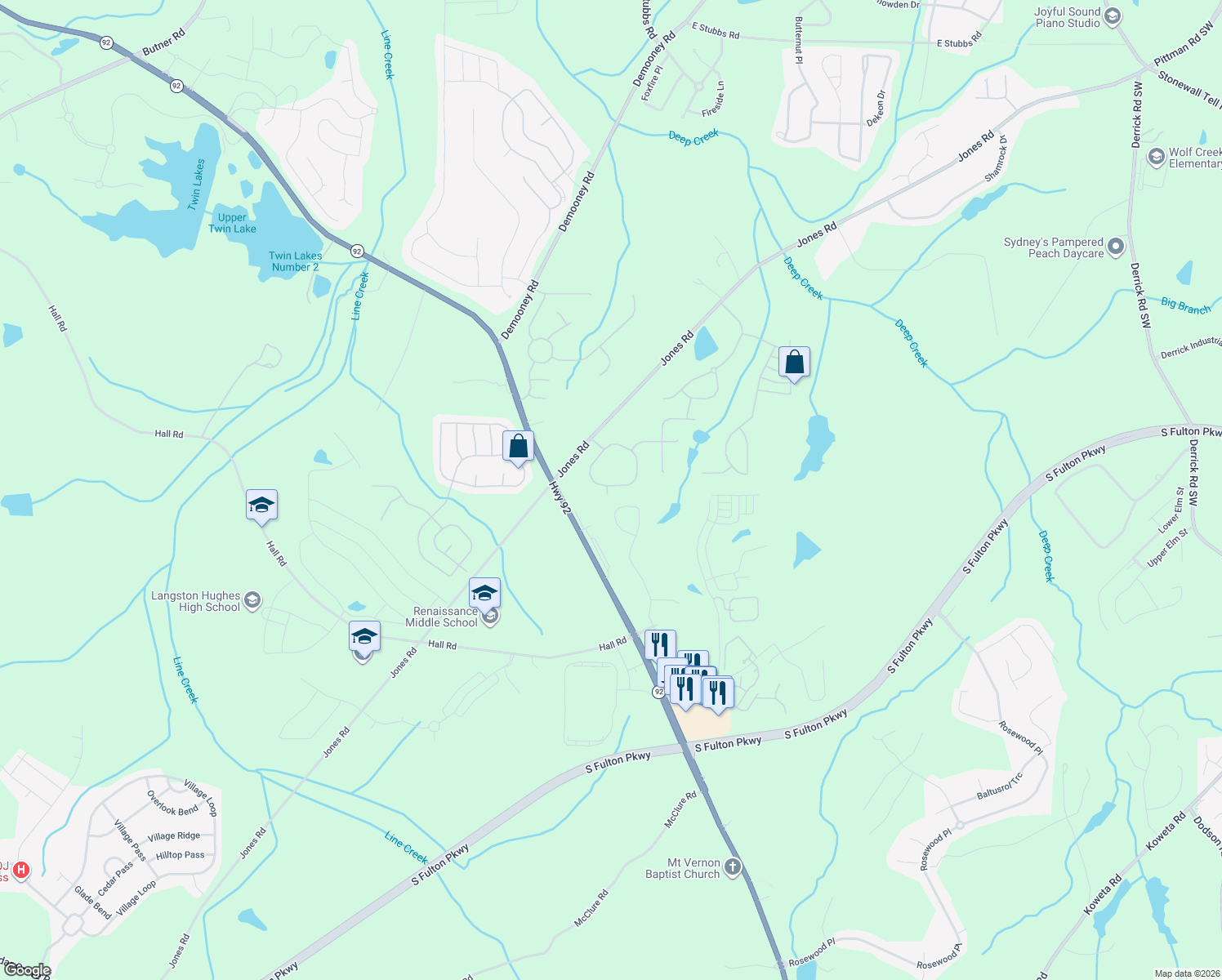 map of restaurants, bars, coffee shops, grocery stores, and more near 6991 Misttop Loop in Fairburn