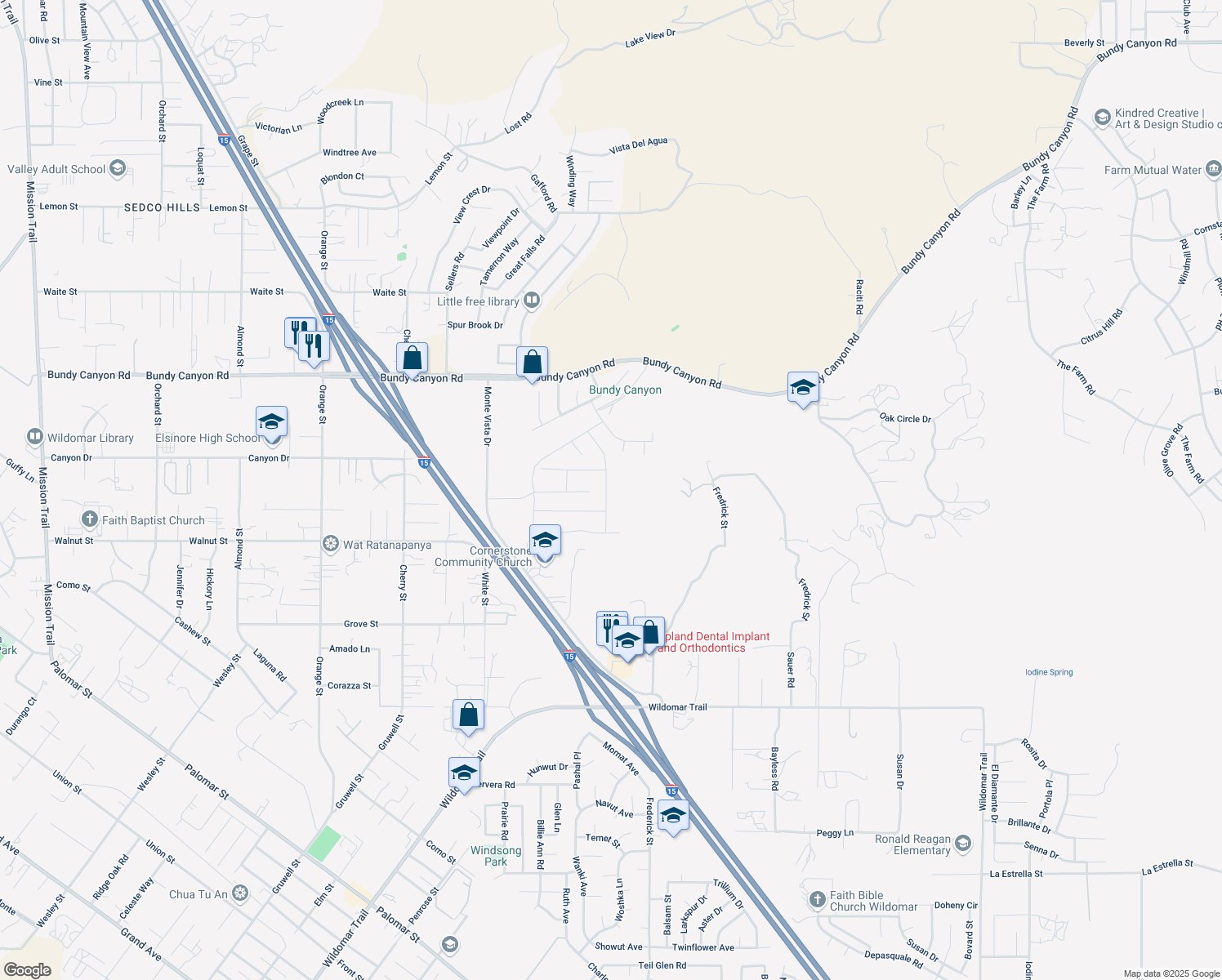 map of restaurants, bars, coffee shops, grocery stores, and more near 34344 Quail Creek Lane in Wildomar
