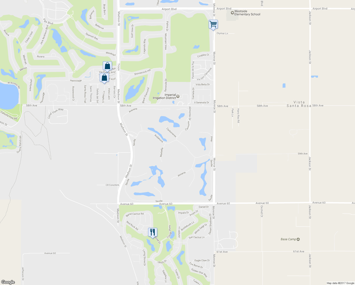 map of restaurants, bars, coffee shops, grocery stores, and more near 81623 Andalusia in La Quinta