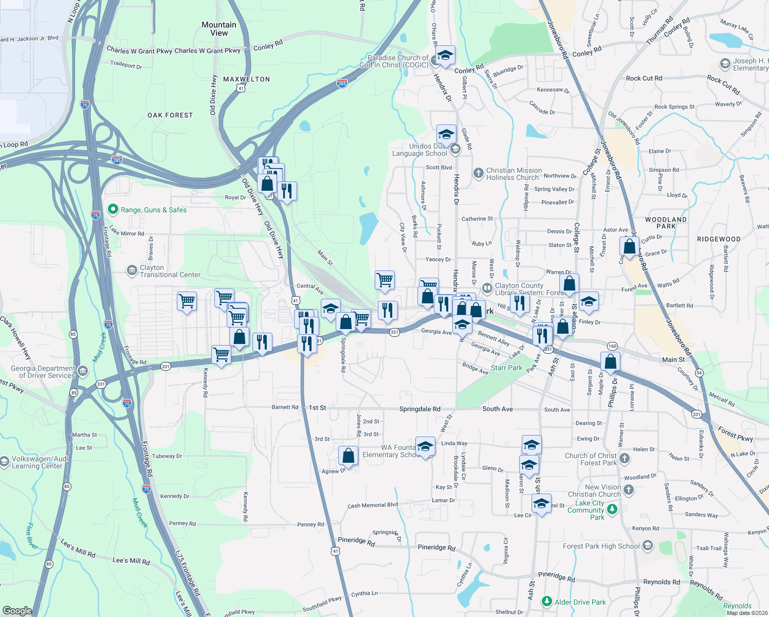 map of restaurants, bars, coffee shops, grocery stores, and more near 520 Main Street in Forest Park