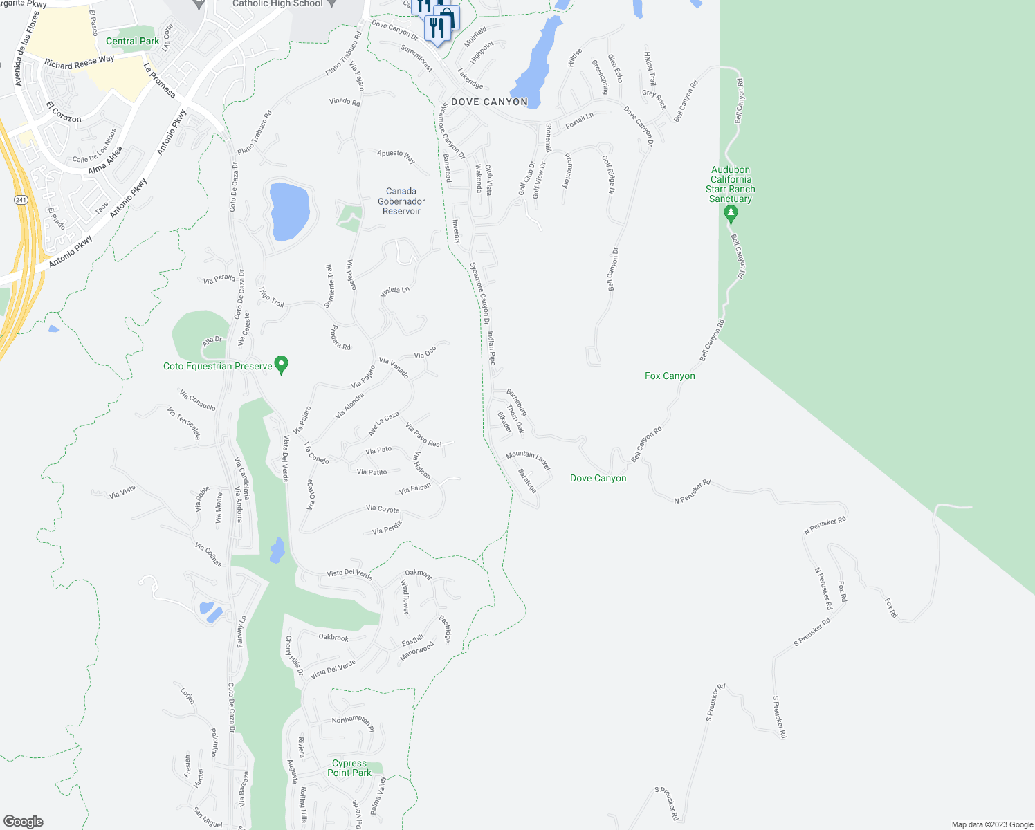 map of restaurants, bars, coffee shops, grocery stores, and more near 22 Thorn Oak in Trabuco Canyon