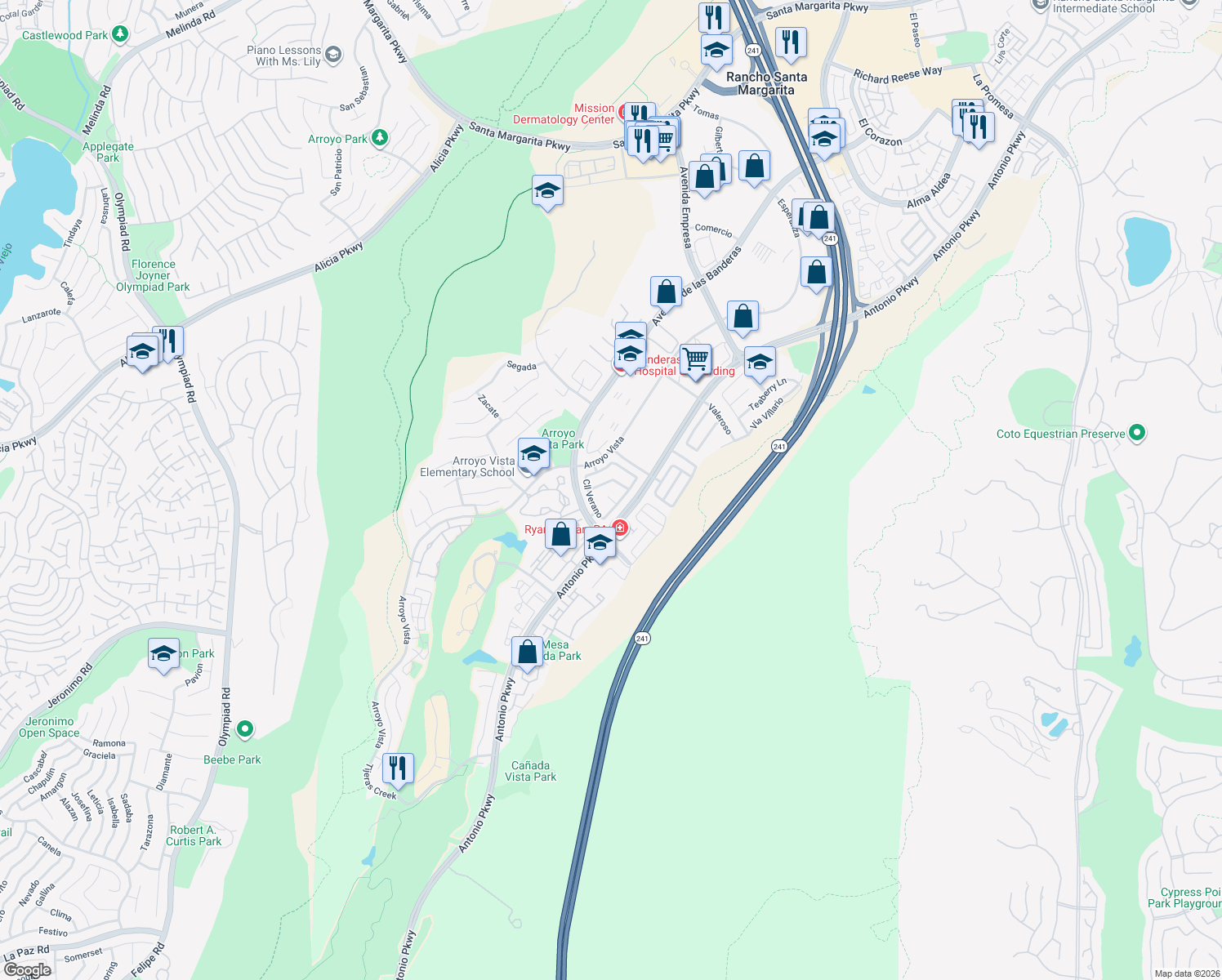 map of restaurants, bars, coffee shops, grocery stores, and more near 2 Vía Espiritu in Rancho Santa Margarita