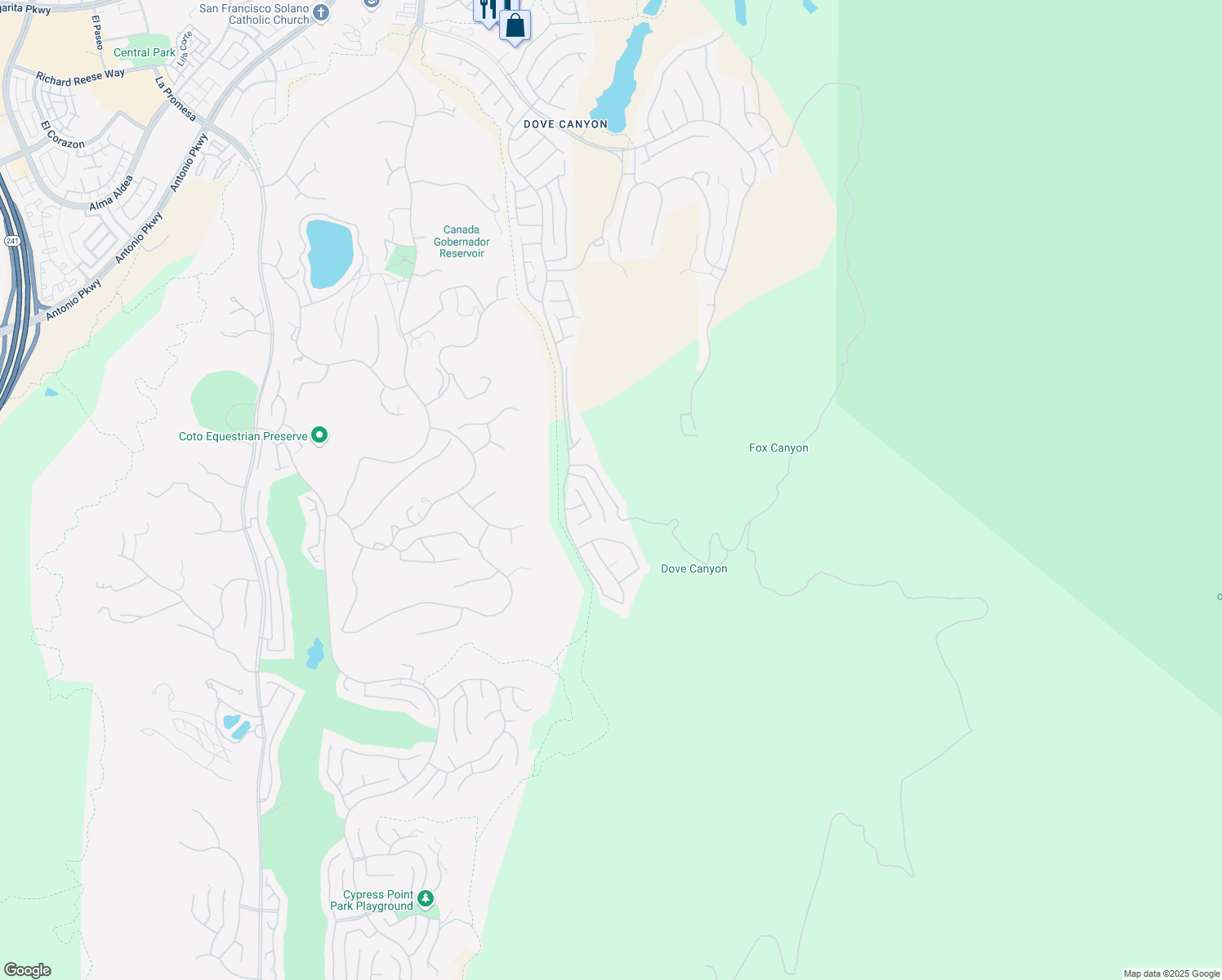 map of restaurants, bars, coffee shops, grocery stores, and more near 22 Thorn Oak in Trabuco Canyon