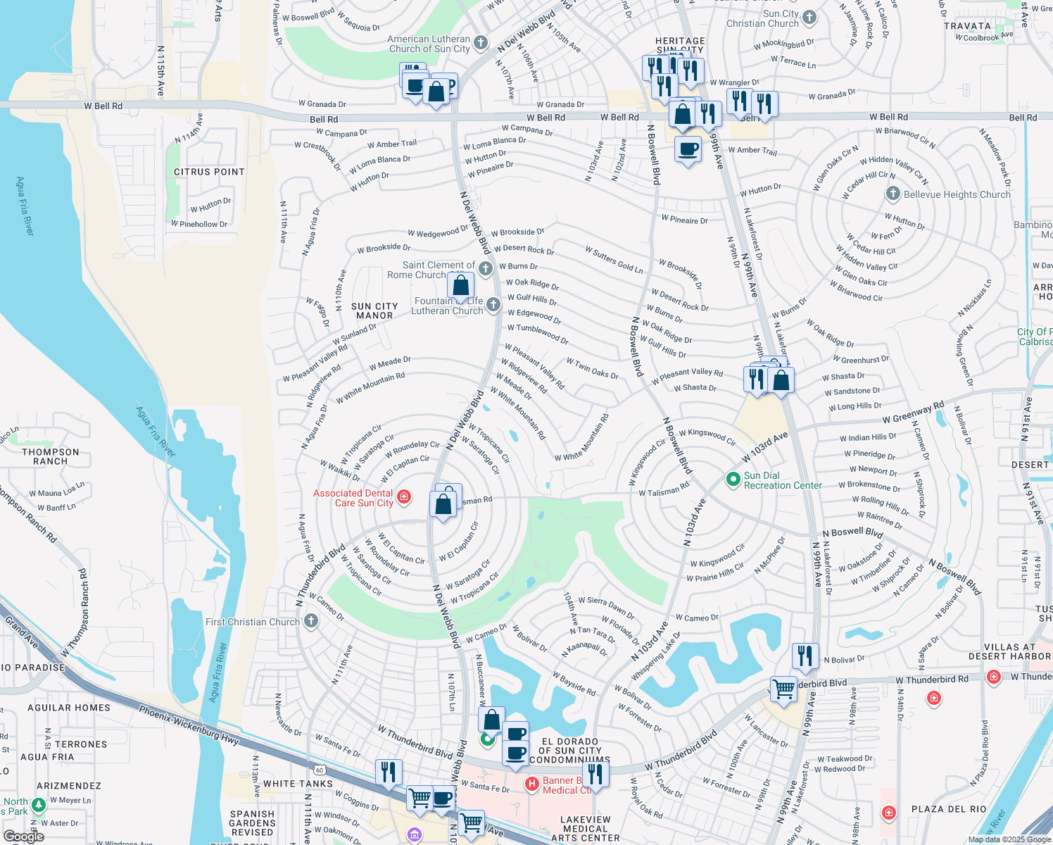 map of restaurants, bars, coffee shops, grocery stores, and more near 10467 West White Mountain Road in Sun City