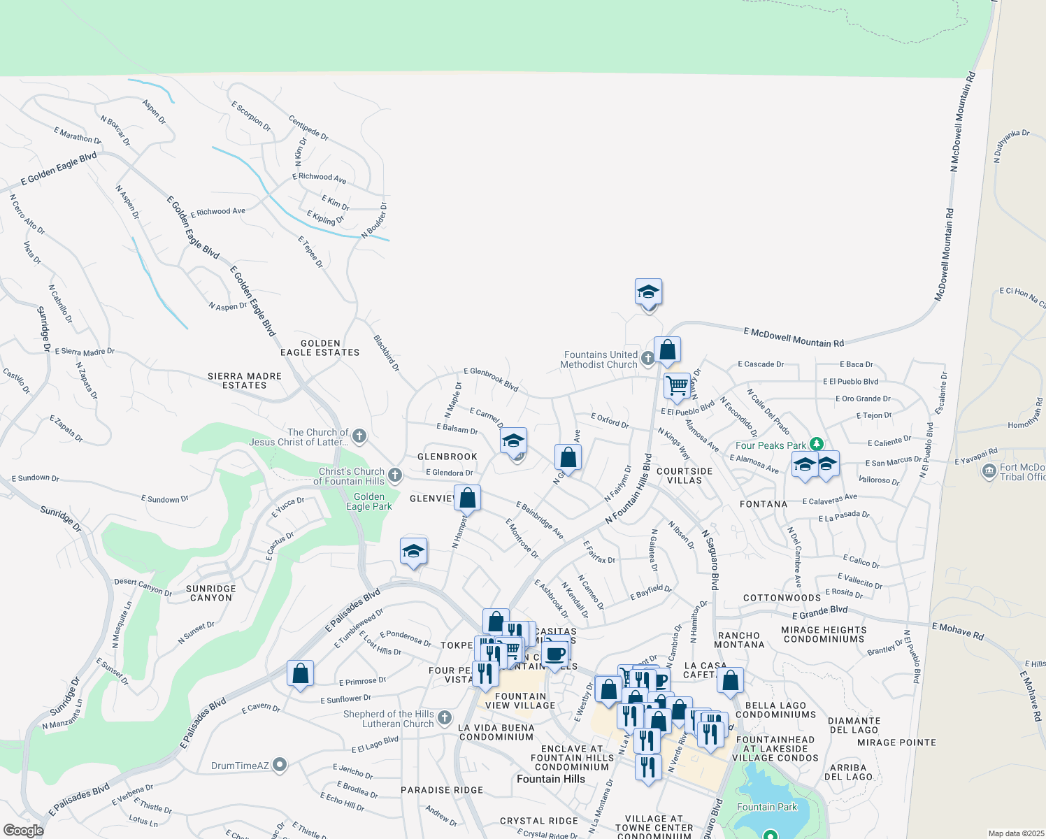 map of restaurants, bars, coffee shops, grocery stores, and more near 15015 North Tamarack Lane in Fountain Hills