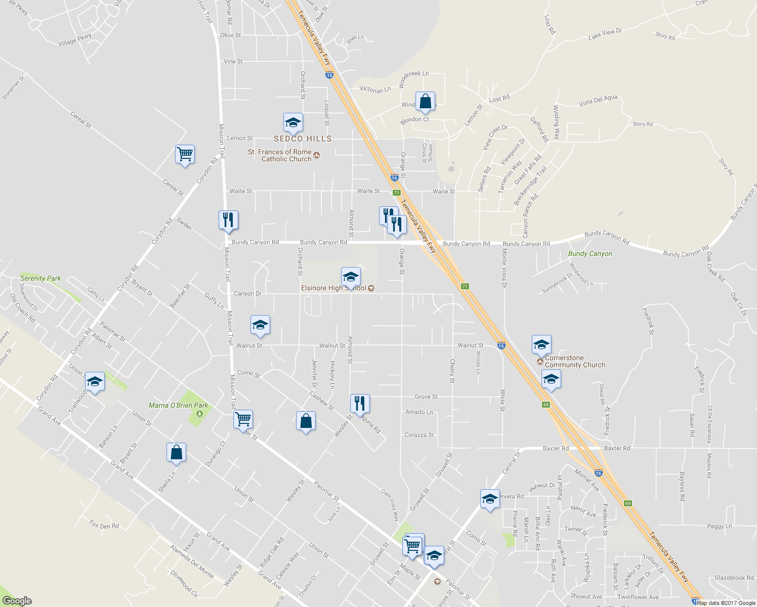 map of restaurants, bars, coffee shops, grocery stores, and more near 21903 Canyon Drive in Wildomar