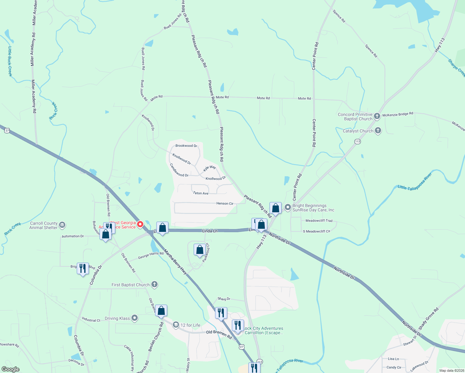 map of restaurants, bars, coffee shops, grocery stores, and more near 103 Yellowstone Dr in Carrollton