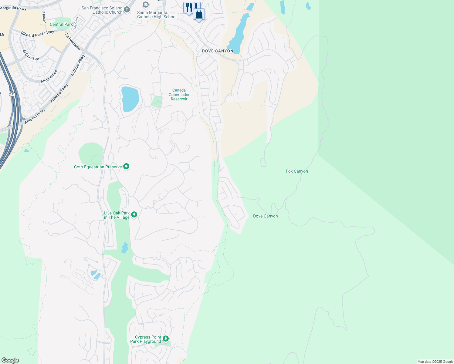 map of restaurants, bars, coffee shops, grocery stores, and more near 12 Thorn Oak in Trabuco Canyon