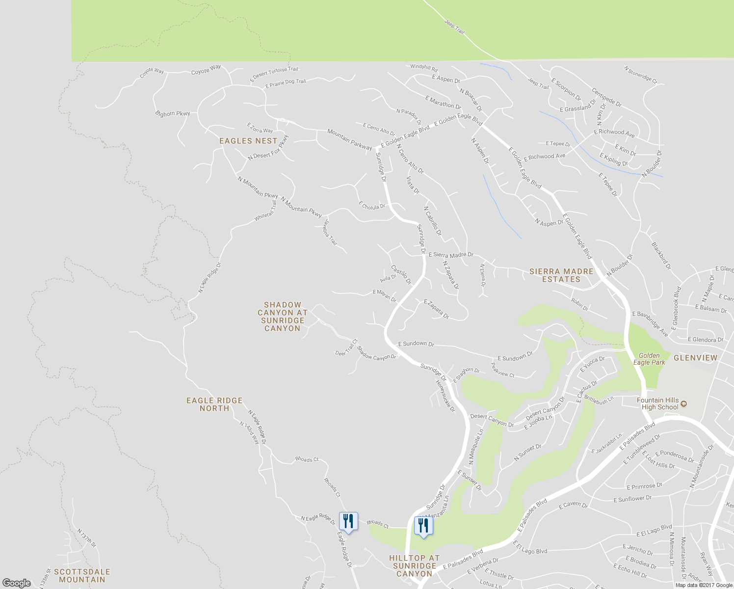 map of restaurants, bars, coffee shops, grocery stores, and more near 14701 East Mayan Drive in Fountain Hills