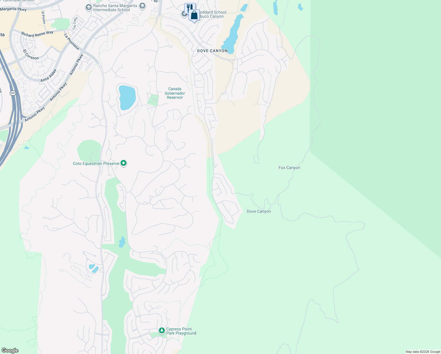 map of restaurants, bars, coffee shops, grocery stores, and more near 22 Thorn Oak in Trabuco Canyon