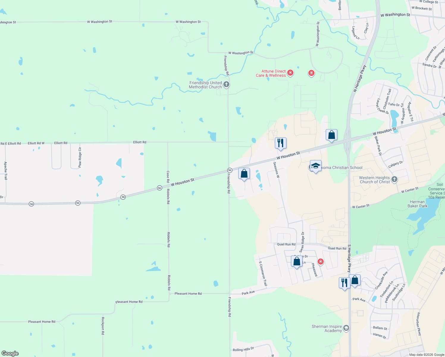 map of restaurants, bars, coffee shops, grocery stores, and more near 120 Friendship Rd in Sherman