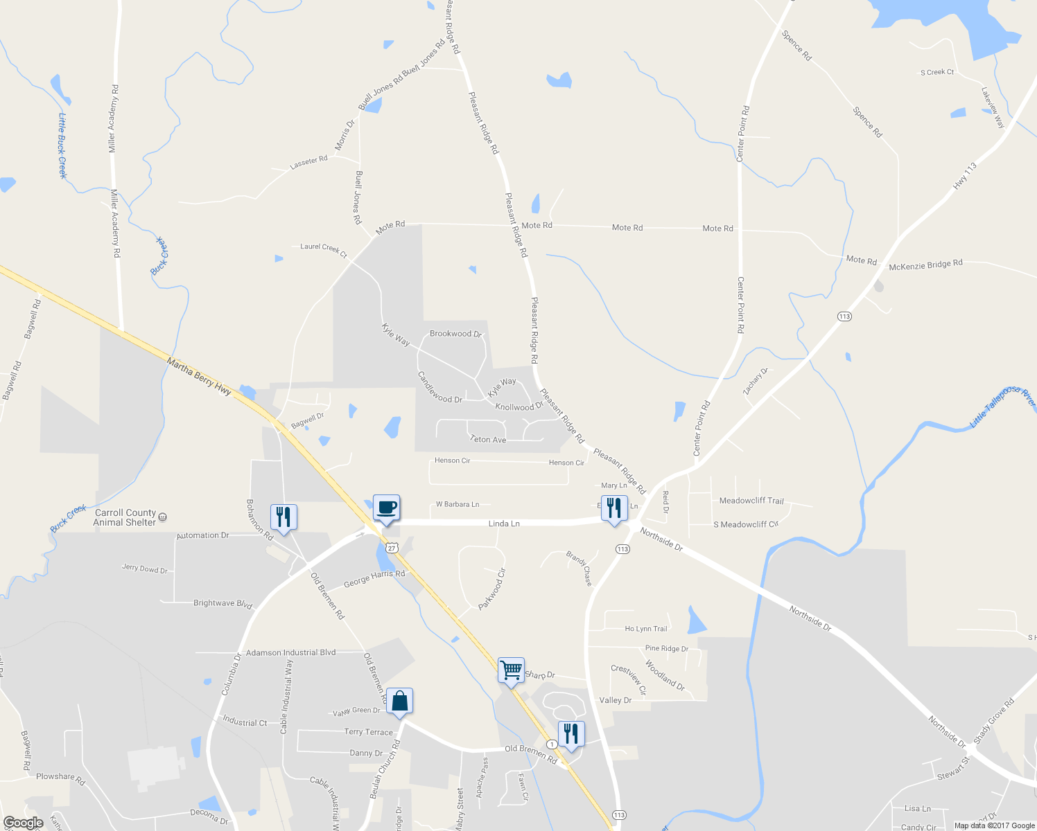 map of restaurants, bars, coffee shops, grocery stores, and more near 105 Rainier Court in Carrollton