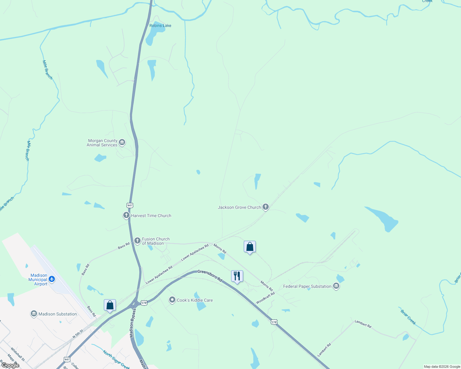 map of restaurants, bars, coffee shops, grocery stores, and more near 1251 Boones Bridge Road in Madison