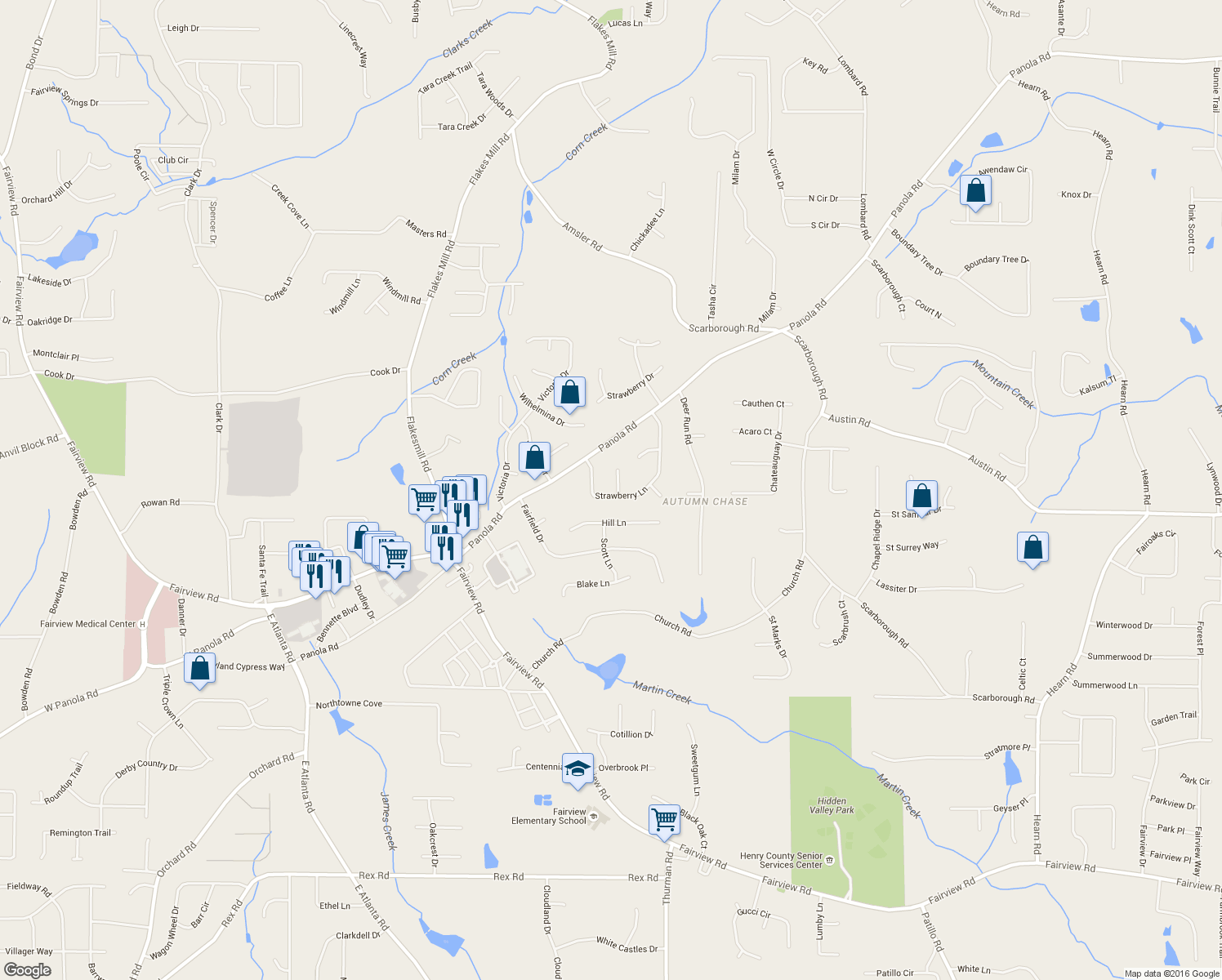 map of restaurants, bars, coffee shops, grocery stores, and more near 1019 Strawberry Lane in Ellenwood