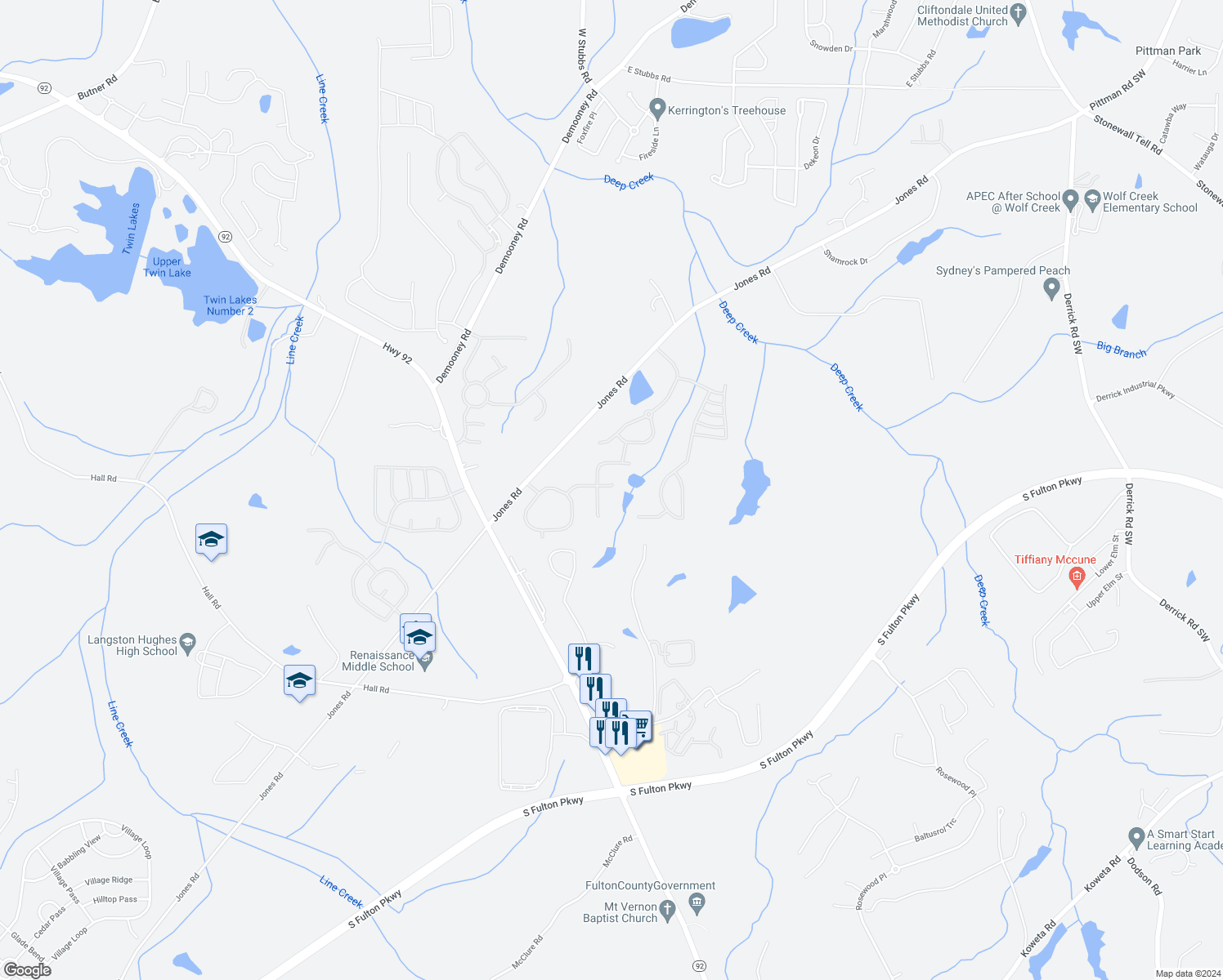 map of restaurants, bars, coffee shops, grocery stores, and more near 6884 Wildboar Drive in Fairburn