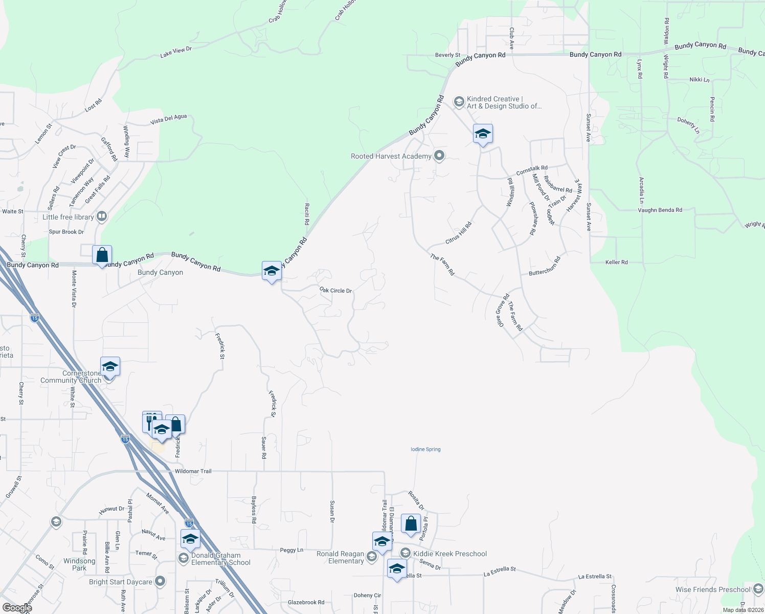 map of restaurants, bars, coffee shops, grocery stores, and more near 24020 Oak Circle Drive in Wildomar