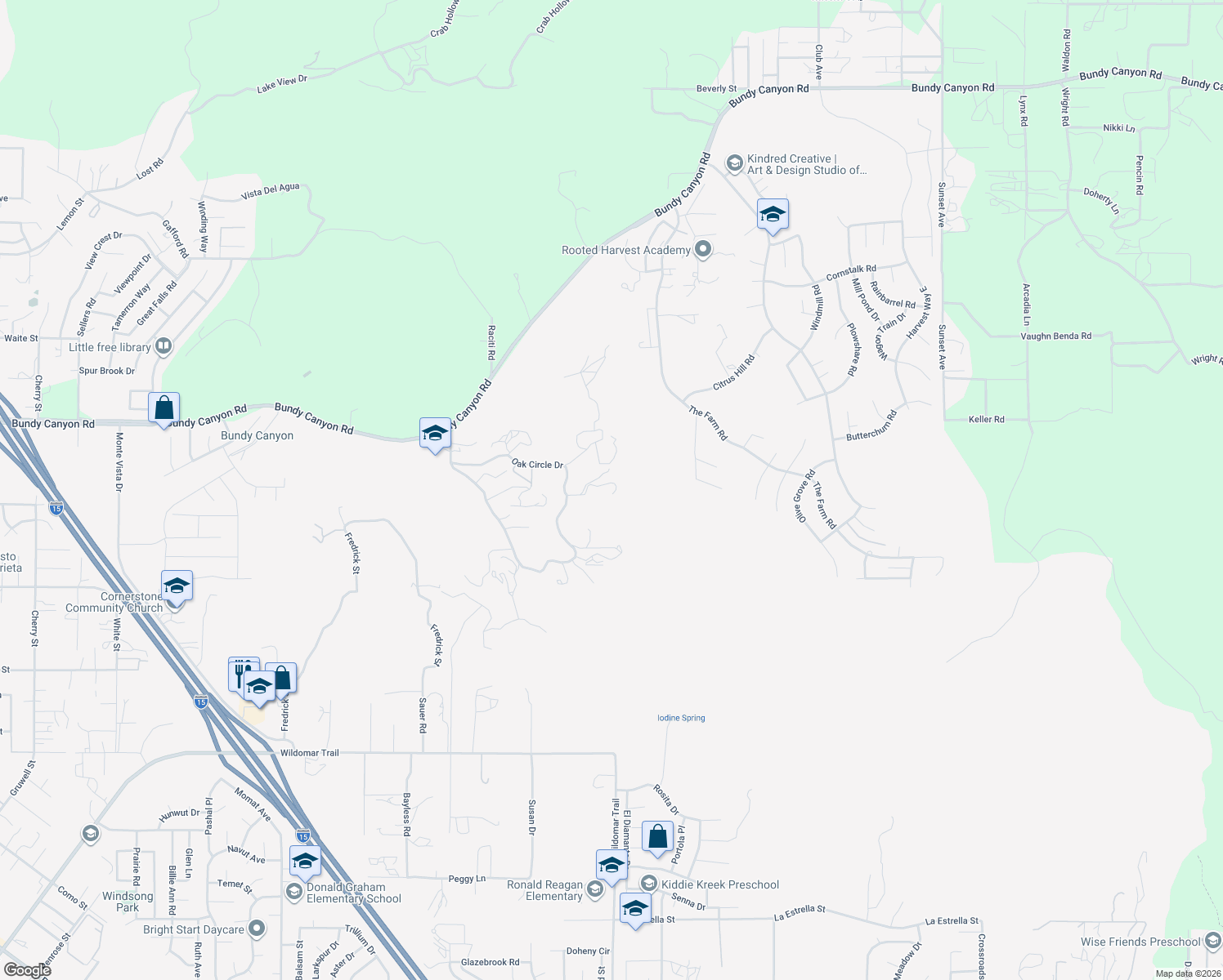 map of restaurants, bars, coffee shops, grocery stores, and more near 24020 Oak Circle Drive in Wildomar