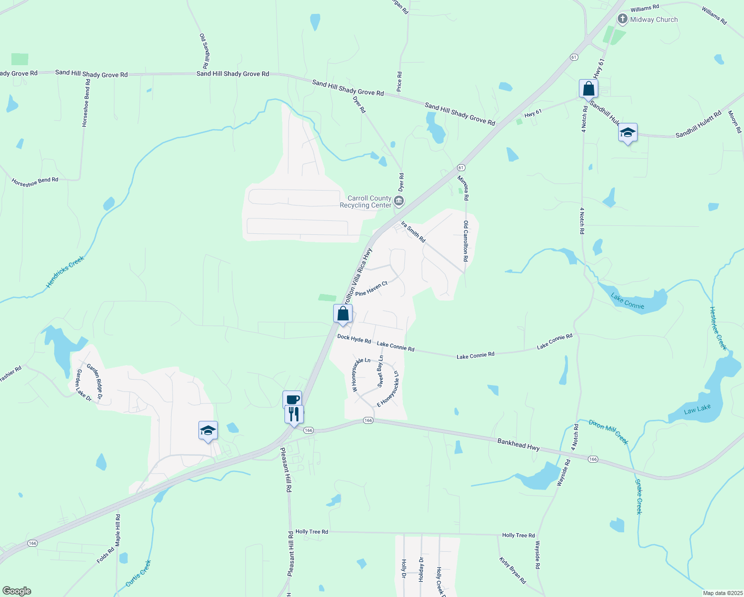 map of restaurants, bars, coffee shops, grocery stores, and more near 65 Pine Haven Ct in Carrollton