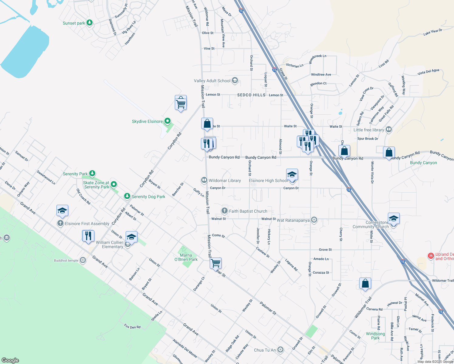 map of restaurants, bars, coffee shops, grocery stores, and more near 34213 Clovis Way in Wildomar