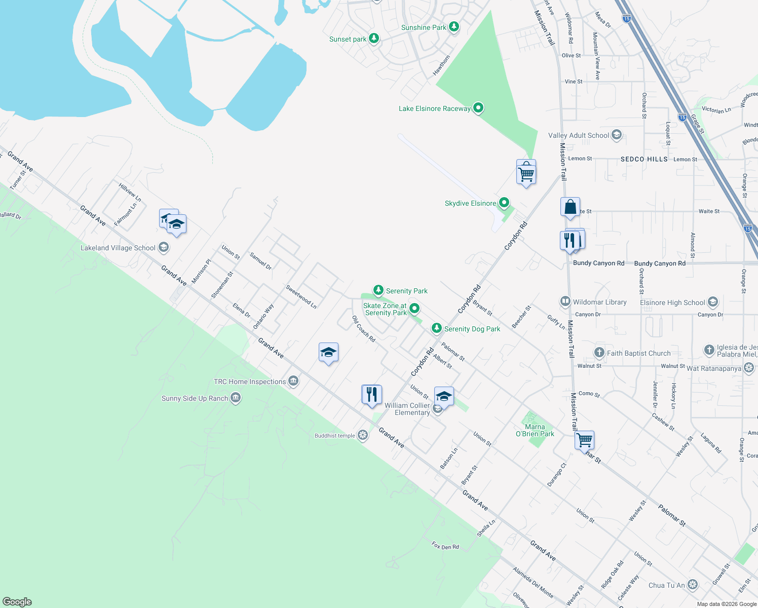 map of restaurants, bars, coffee shops, grocery stores, and more near 19690 Berrywood Drive in Lake Elsinore