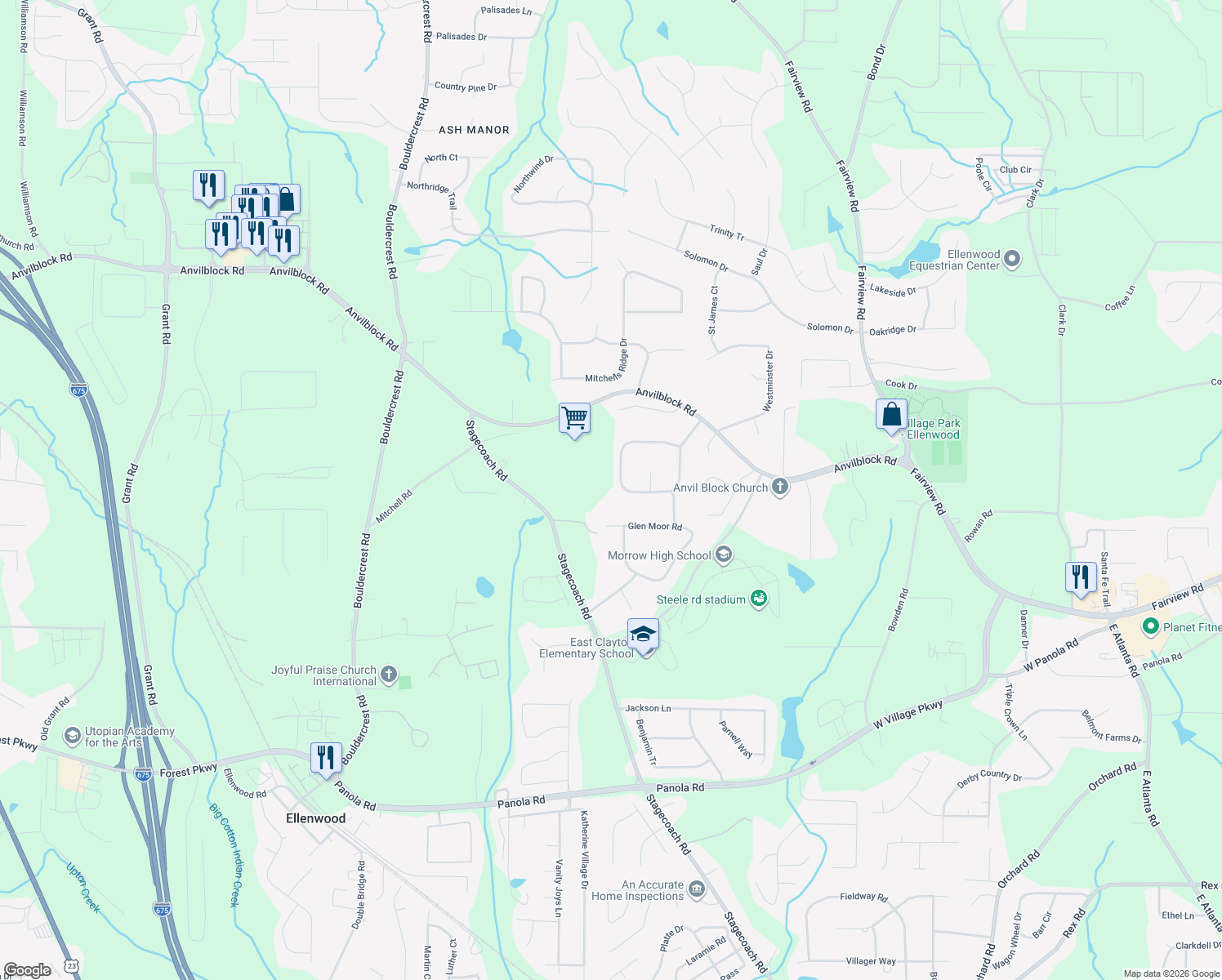 map of restaurants, bars, coffee shops, grocery stores, and more near 3657 George Washington Dr in Ellenwood