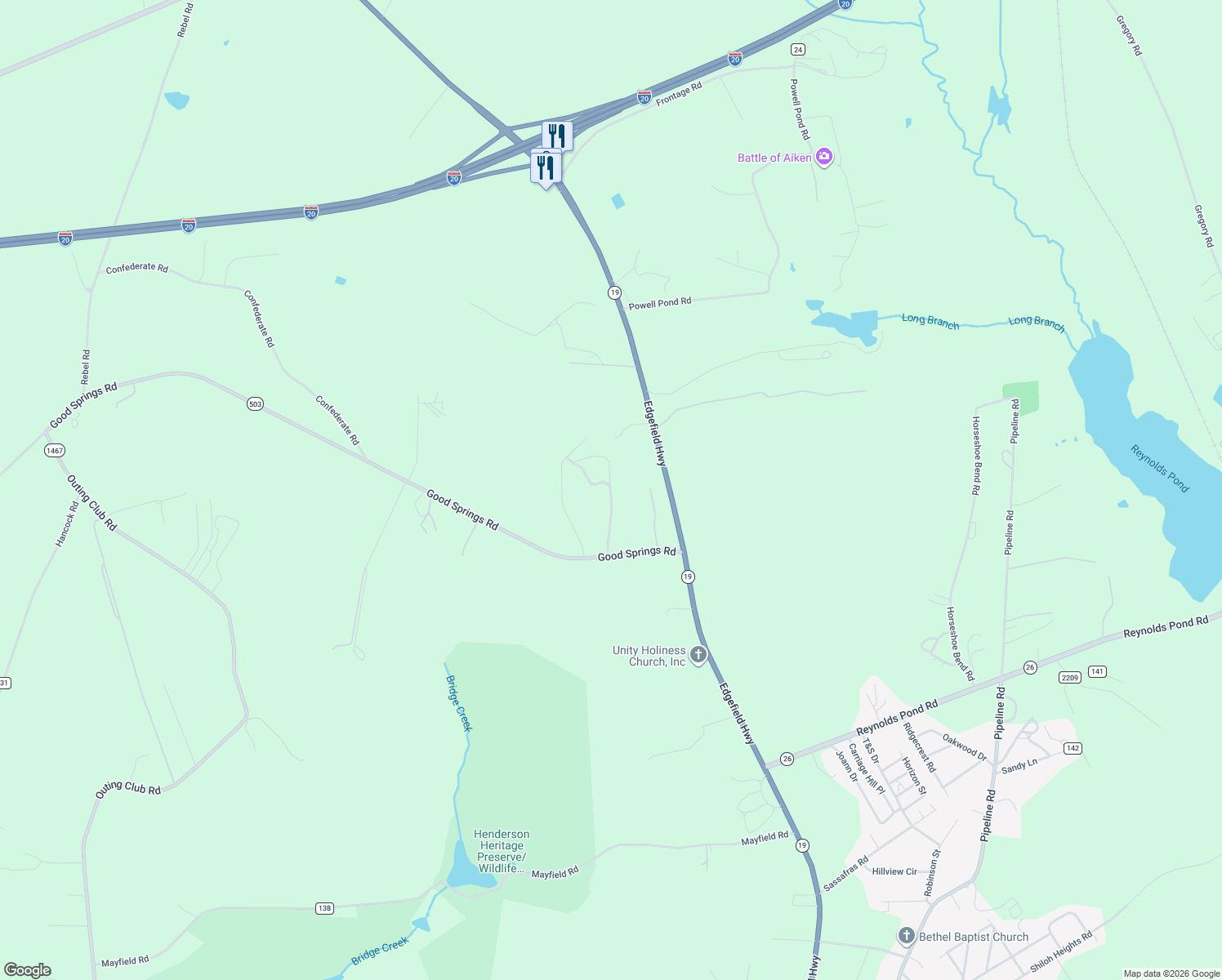 map of restaurants, bars, coffee shops, grocery stores, and more near 221 Old China Springs Rd in Aiken