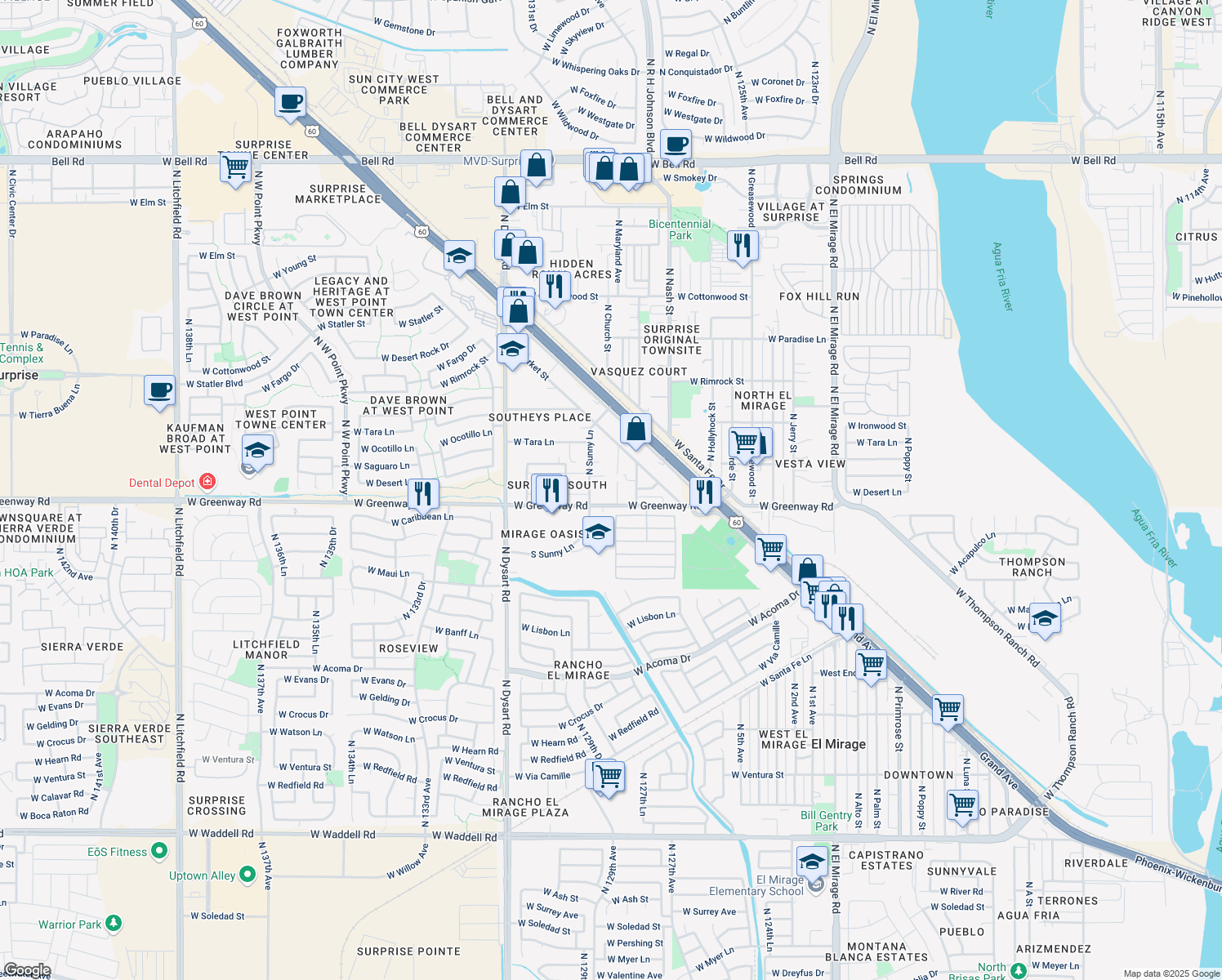 map of restaurants, bars, coffee shops, grocery stores, and more near 12826 West Greenway Road in Surprise