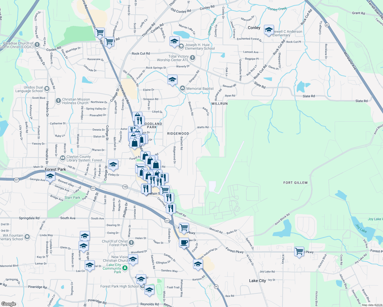 map of restaurants, bars, coffee shops, grocery stores, and more near 4791 Price Street in Forest Park