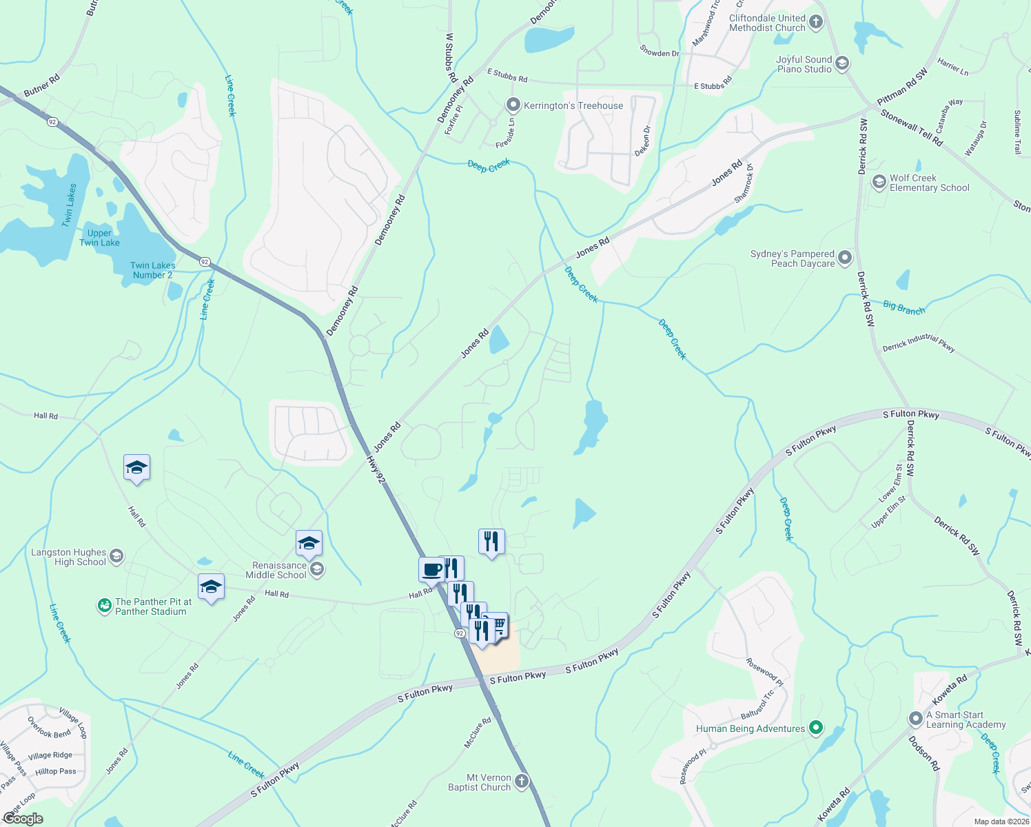 map of restaurants, bars, coffee shops, grocery stores, and more near 4619 Derby Loop in Fairburn