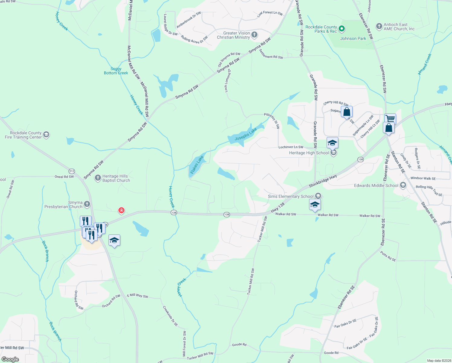 map of restaurants, bars, coffee shops, grocery stores, and more near 3155 Brighton Pass in Conyers