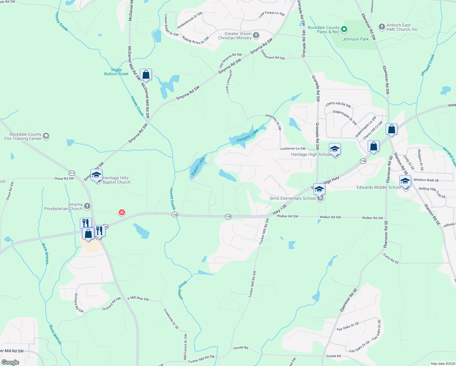 map of restaurants, bars, coffee shops, grocery stores, and more near 3155 Brighton Pass in Conyers