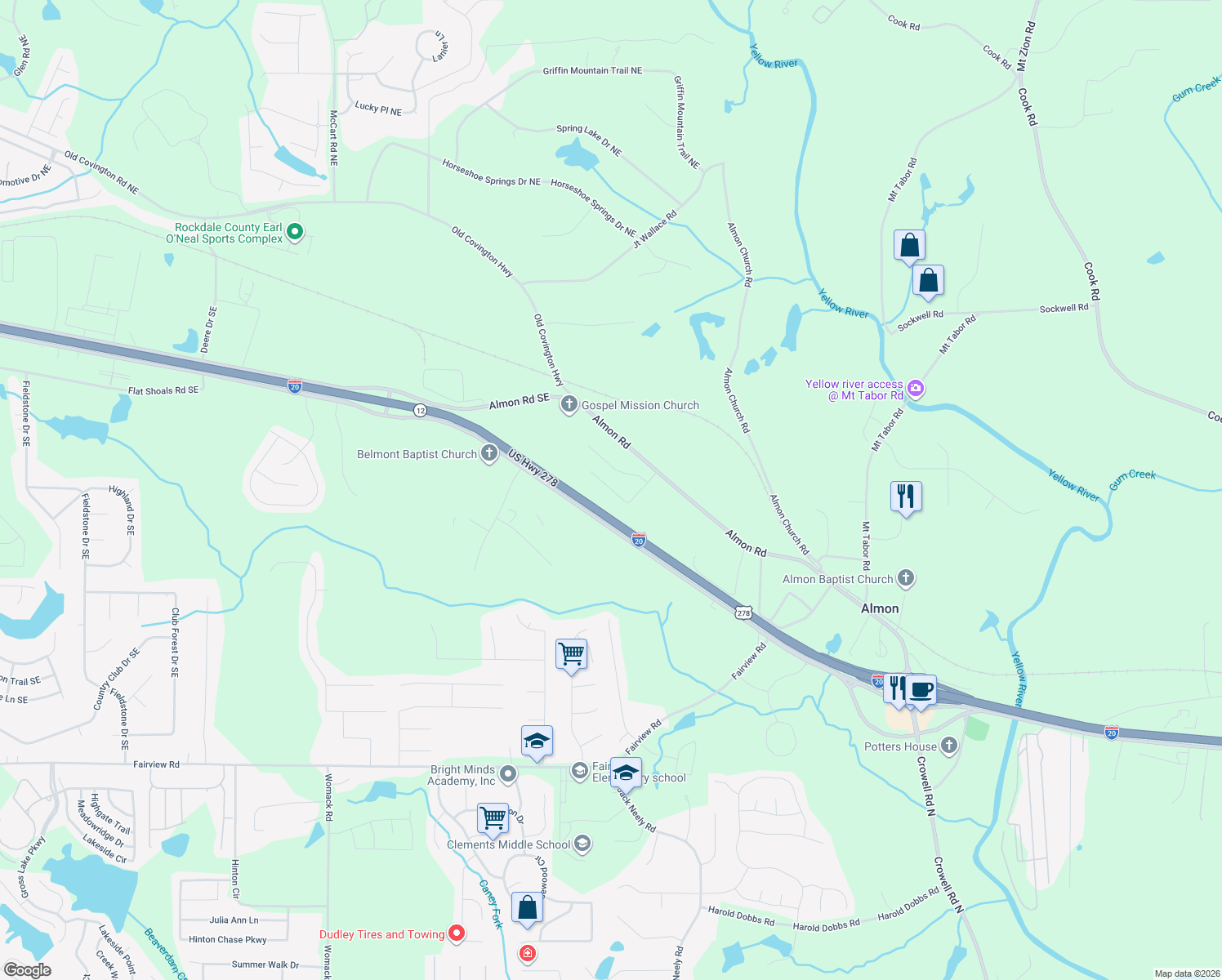 map of restaurants, bars, coffee shops, grocery stores, and more near 205 Providence Parkway in Covington