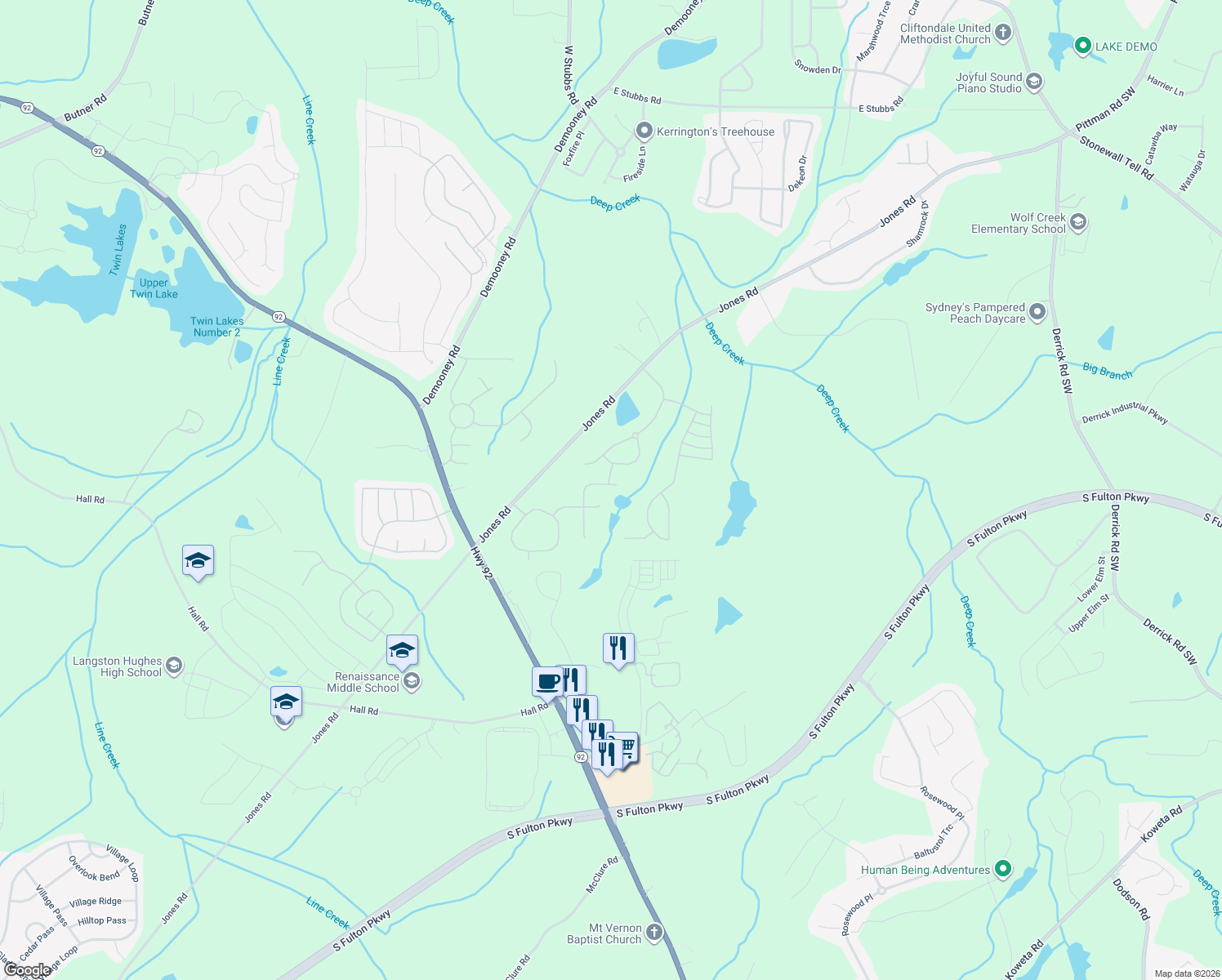 map of restaurants, bars, coffee shops, grocery stores, and more near 4808 Triger Lane in Fairburn