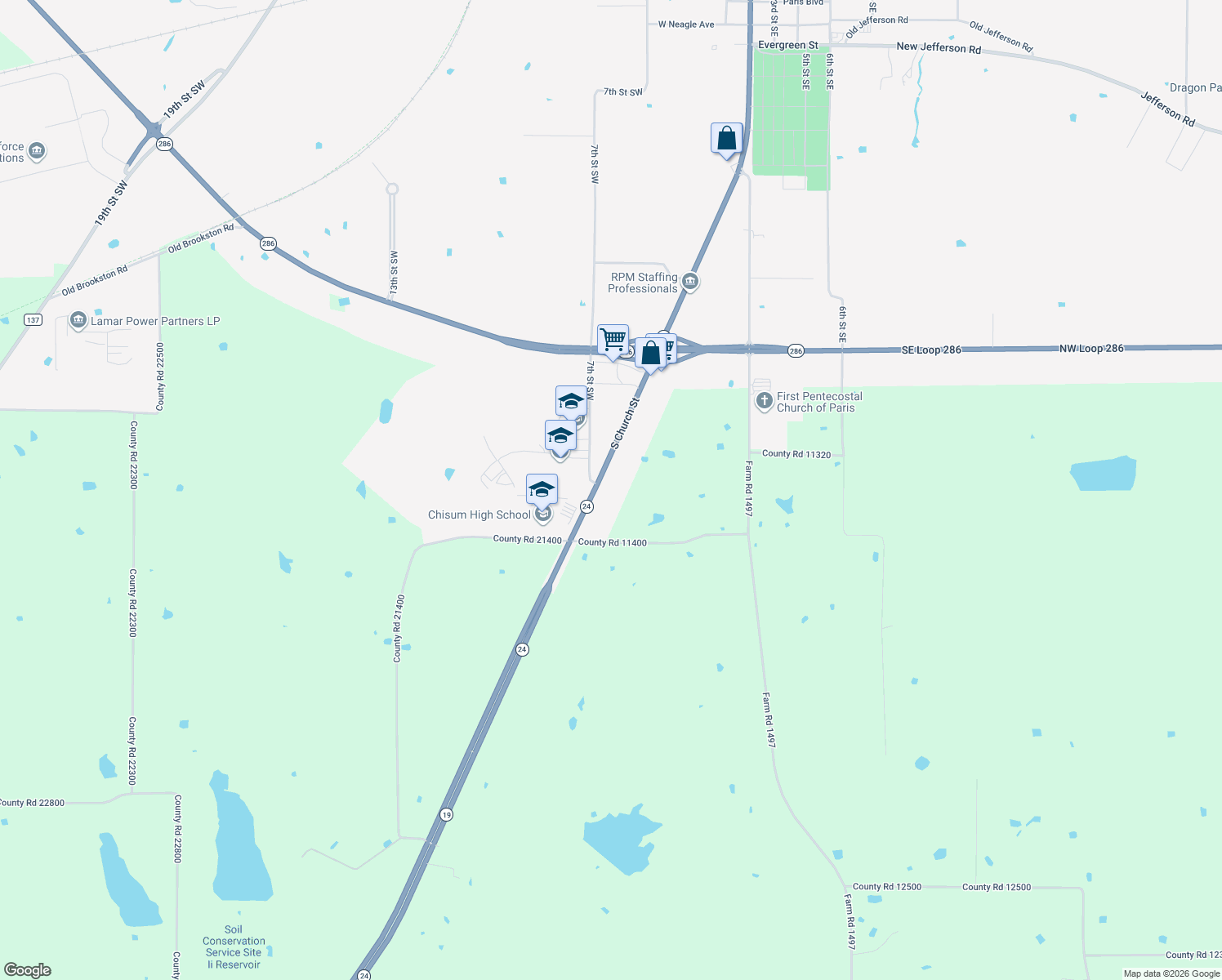 map of restaurants, bars, coffee shops, grocery stores, and more near 2975-3299 S Church St in Paris
