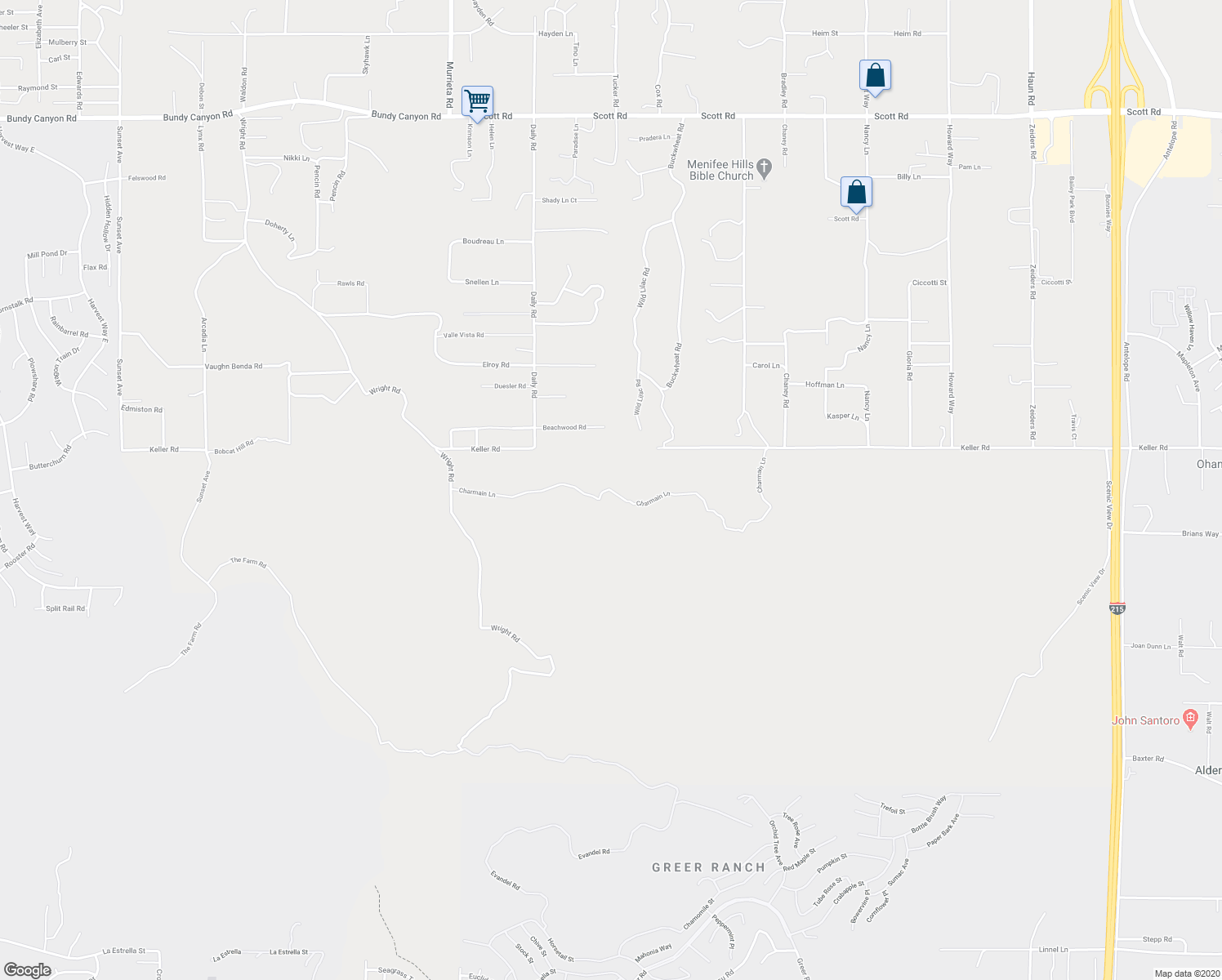 map of restaurants, bars, coffee shops, grocery stores, and more near Charmain Lane in Menifee