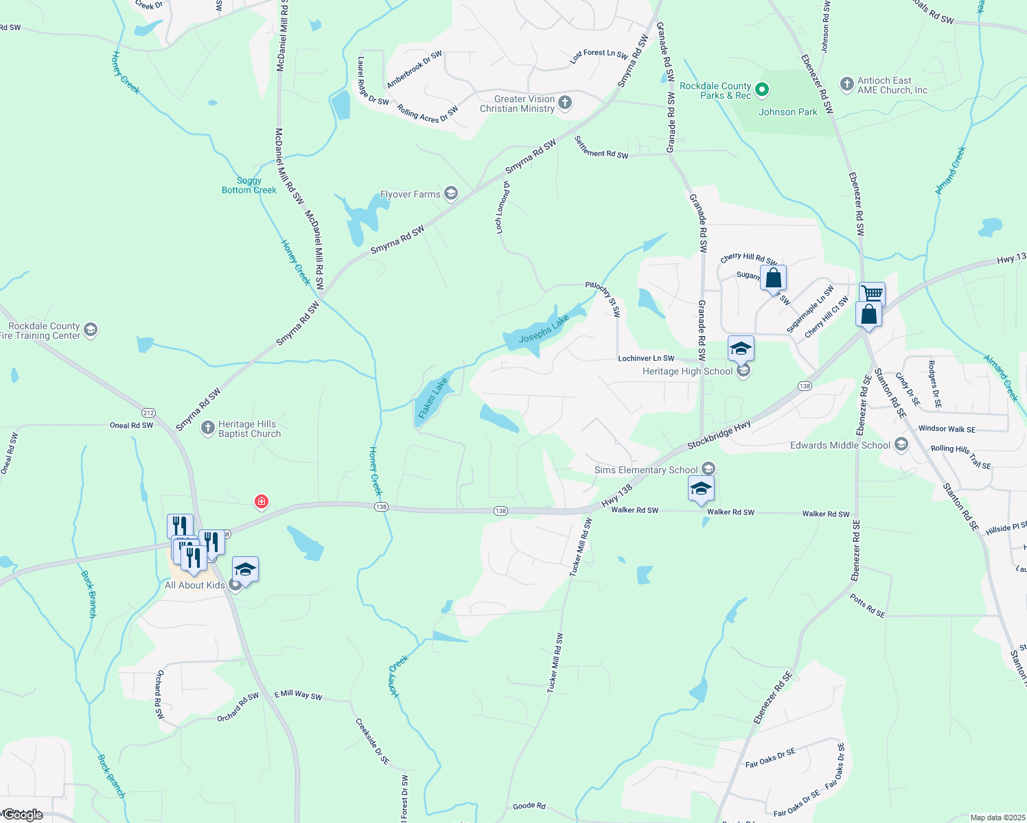 map of restaurants, bars, coffee shops, grocery stores, and more near 3412 Kinsley Court in Conyers