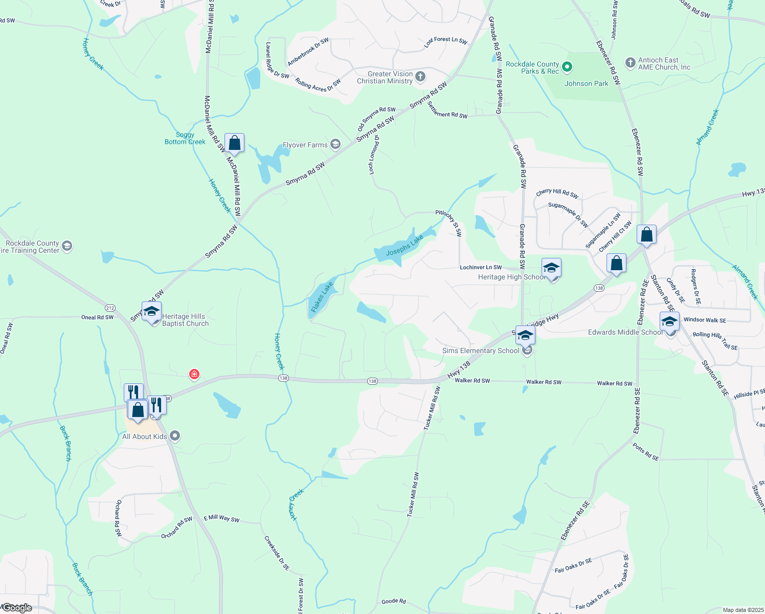 map of restaurants, bars, coffee shops, grocery stores, and more near 3412 Kinsley Court in Conyers