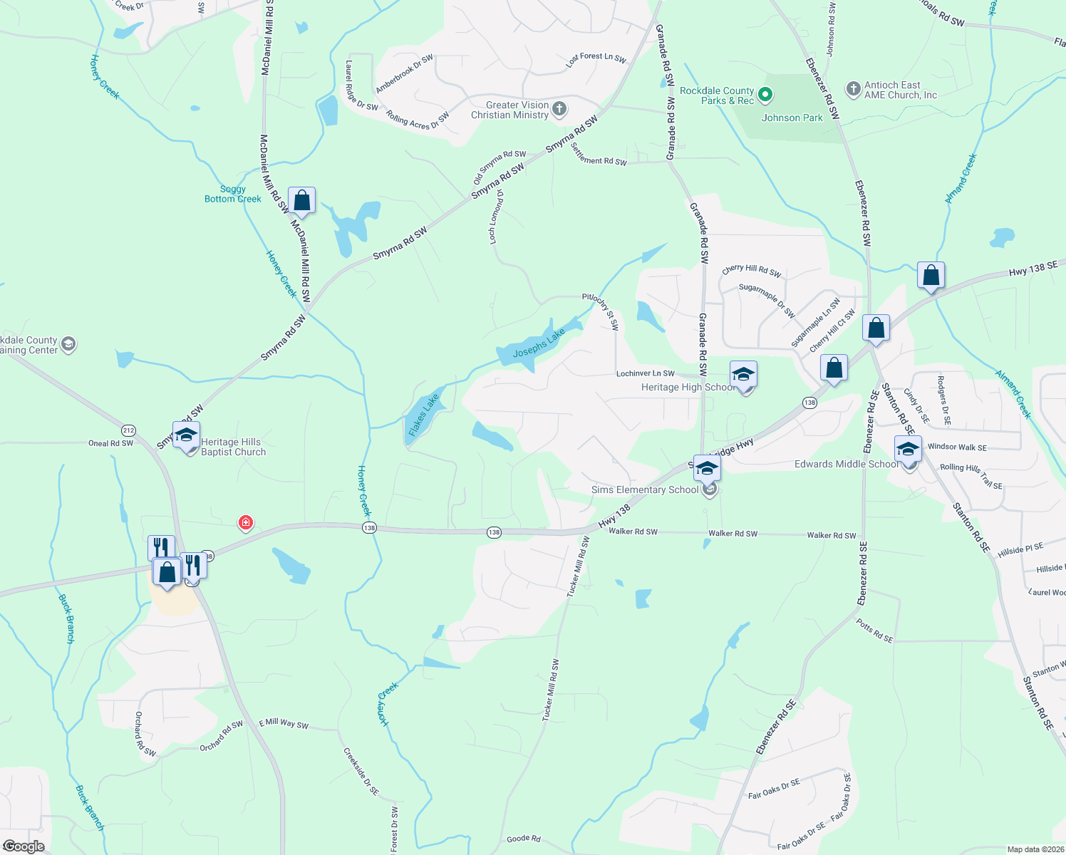 map of restaurants, bars, coffee shops, grocery stores, and more near 3409 Kinsley Court in Conyers