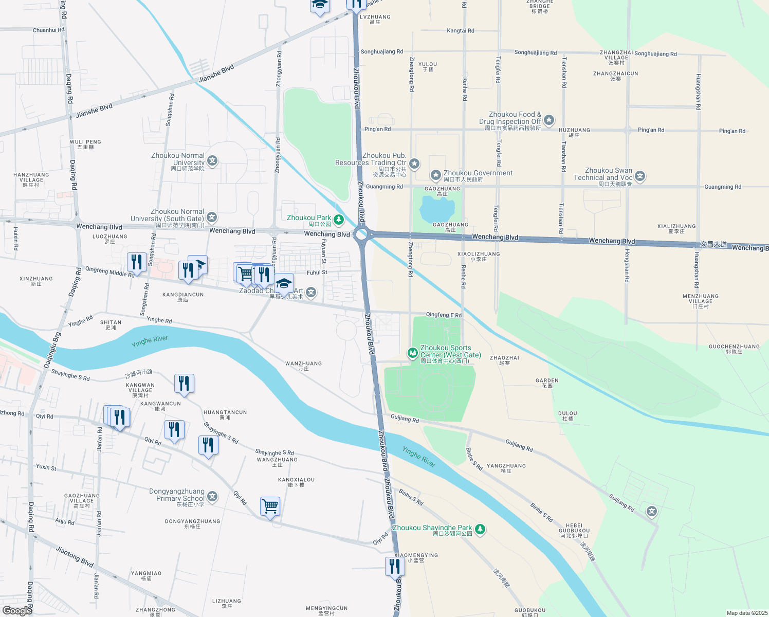 map of restaurants, bars, coffee shops, grocery stores, and more near in Zhou Kou Shi