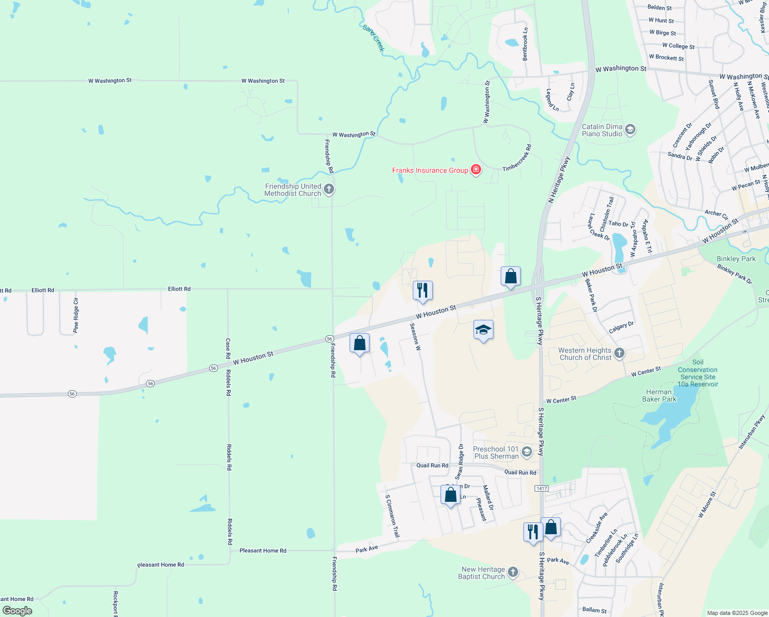 map of restaurants, bars, coffee shops, grocery stores, and more near 4601 Highway 56 in Sherman