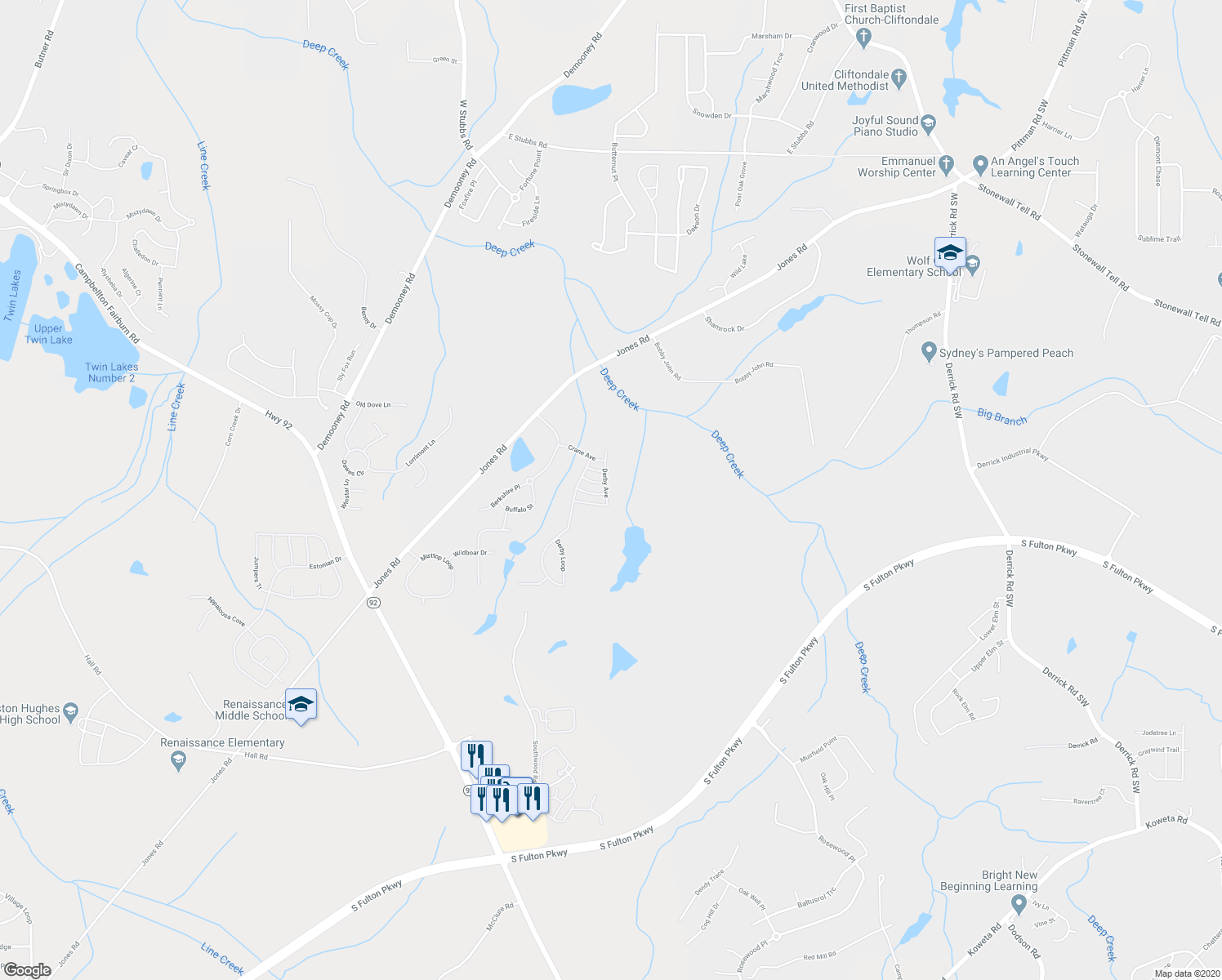 map of restaurants, bars, coffee shops, grocery stores, and more near 6838 Derby Avenue in Fairburn